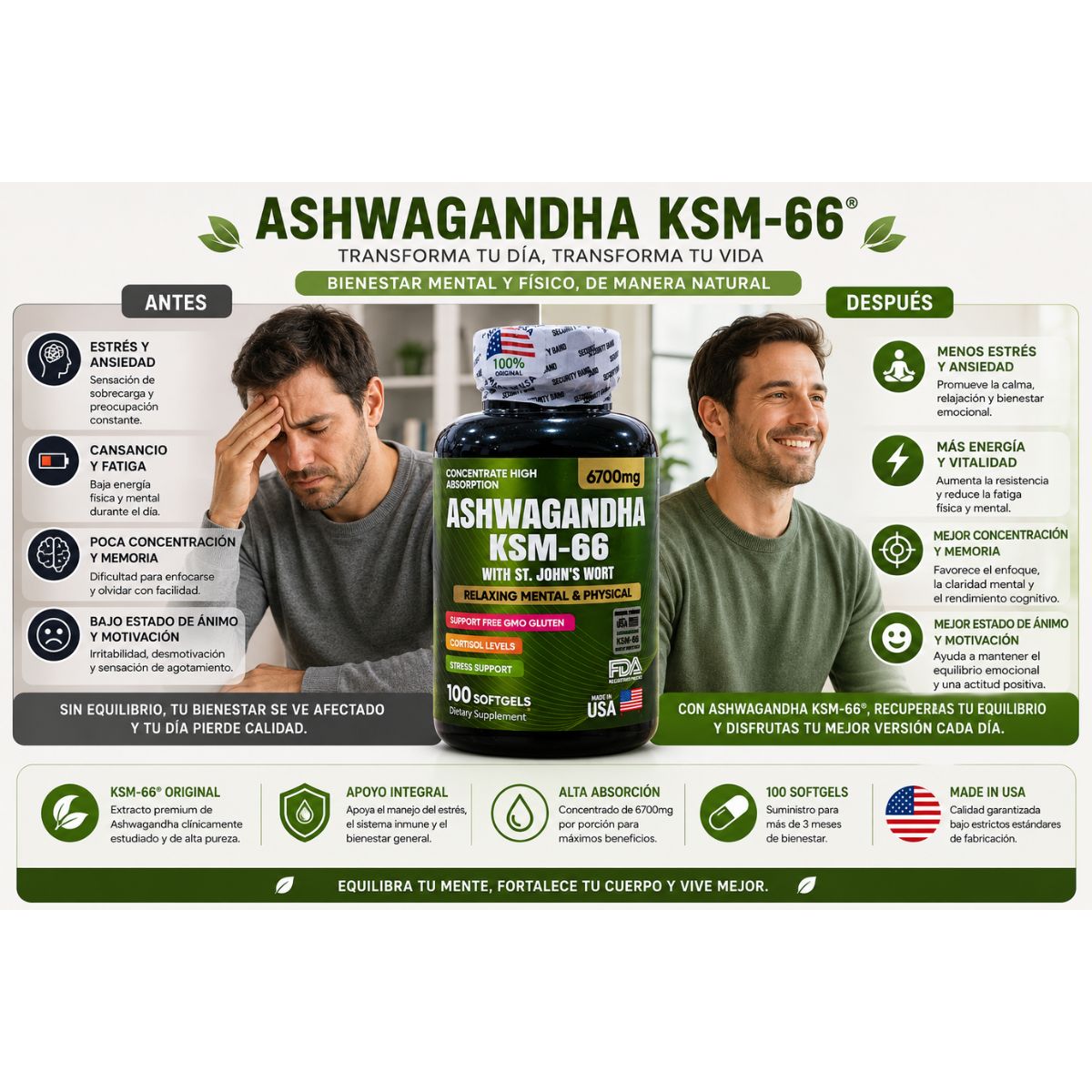 Ashwagandha KSM-66 x100 softgels extracto raiz completa cortisol estres adaptogeno natural