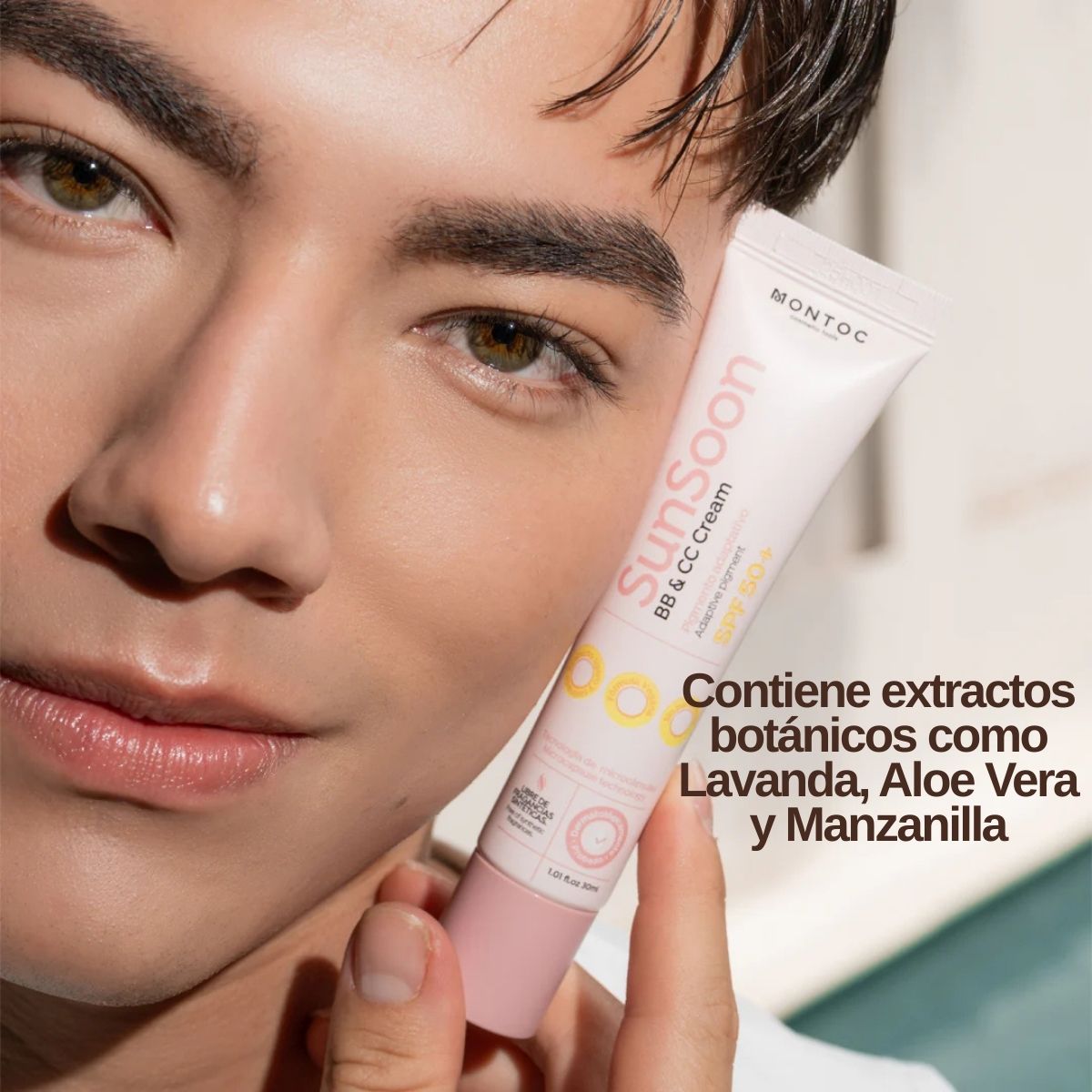 BB Cream CC Cream Sunsoon Montoc SPF 50+ con pigmento adaptativo, producto multifunción protección y cobertura.