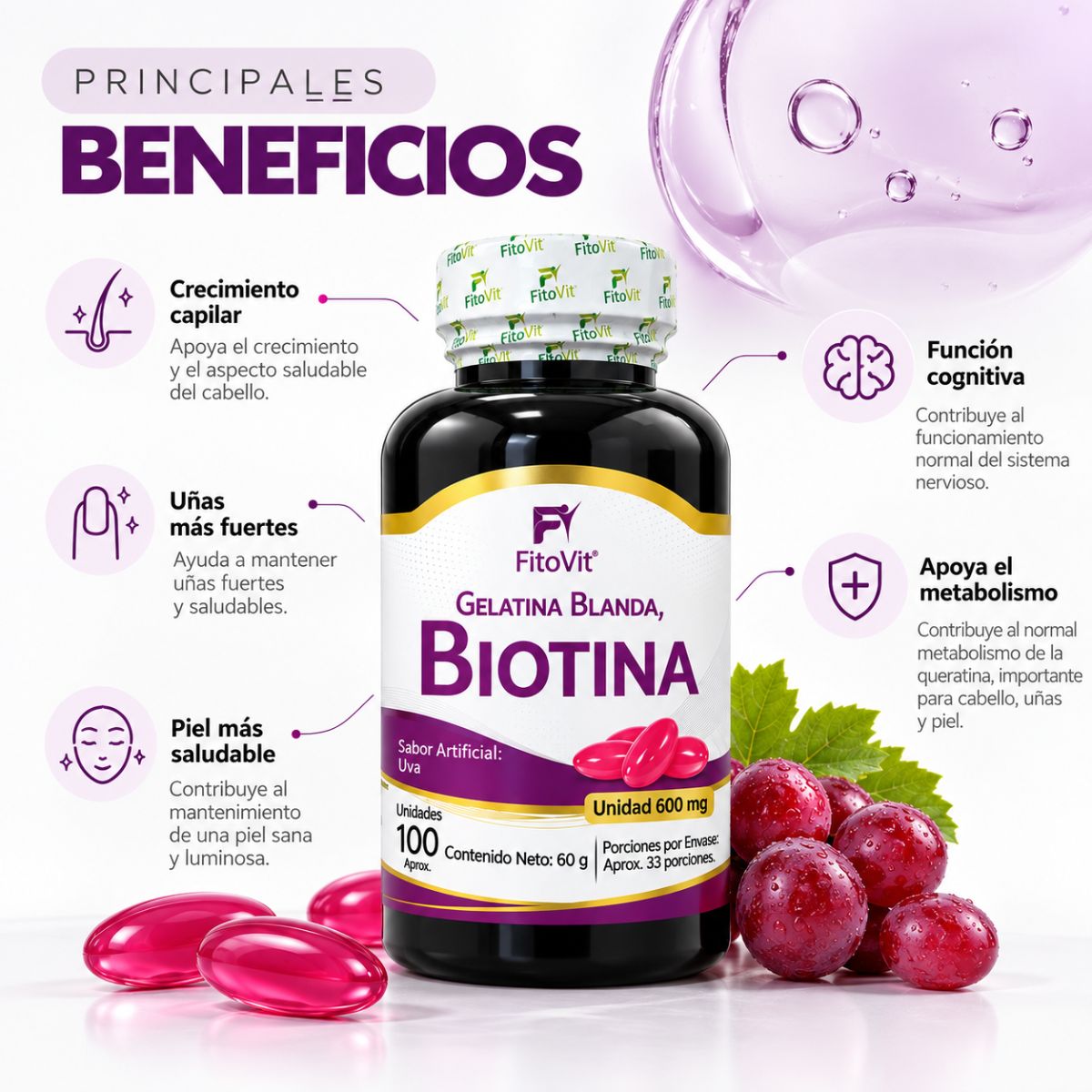 Biotina FitoVit 600 mg • 100 Softgel • Cabello, Piel y Uñas