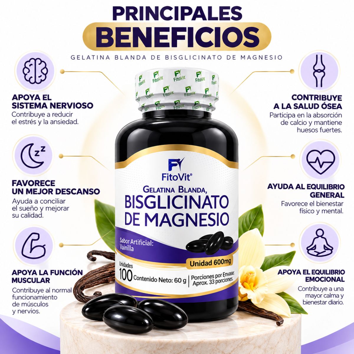 Bisglicinato de Magnesio 600 mg • 100 Softgels Vainilla • FitoVit •