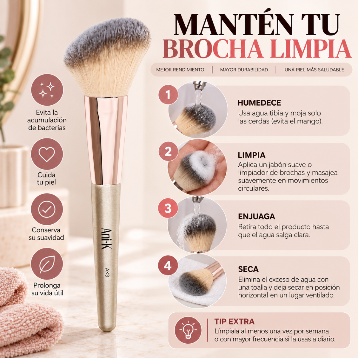 Brocha para Rubor AK3 Anik Makeup Cerdas Suave Difuminado Natural