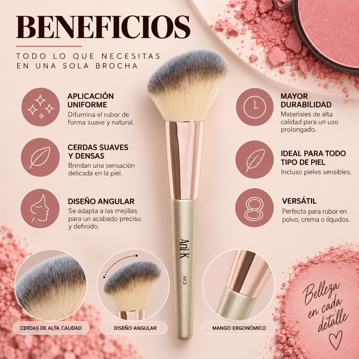 Brocha para Rubor AK3 Anik Makeup Cerdas Suave Difuminado Natural