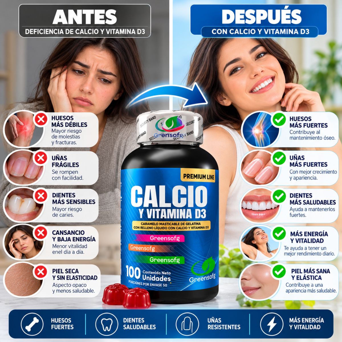 Calcio + Vitamina D3 Greensofg x100 Masticables