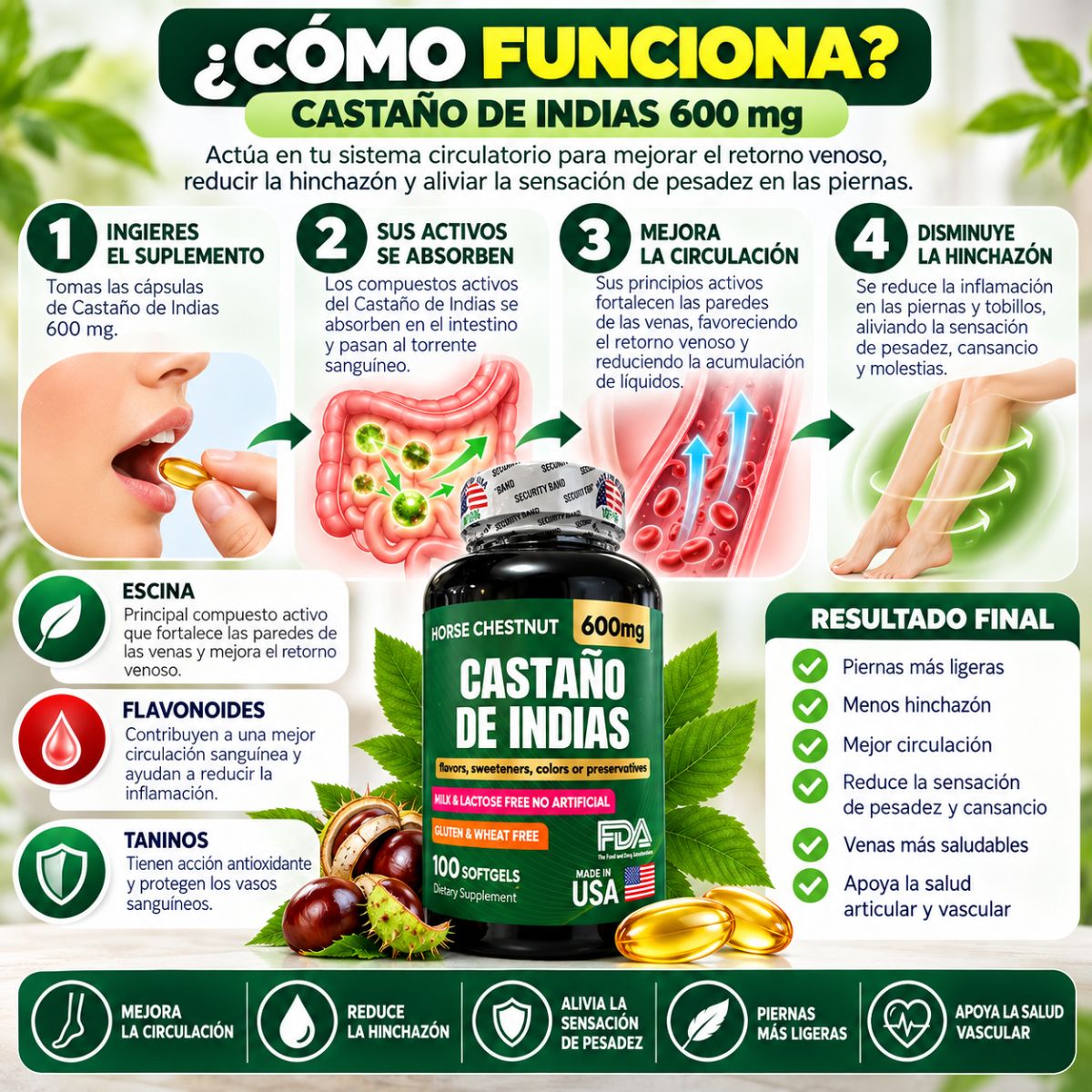 Castaño de Indias 600 mg x100 Softgels con Caléndula - Envío Gratis