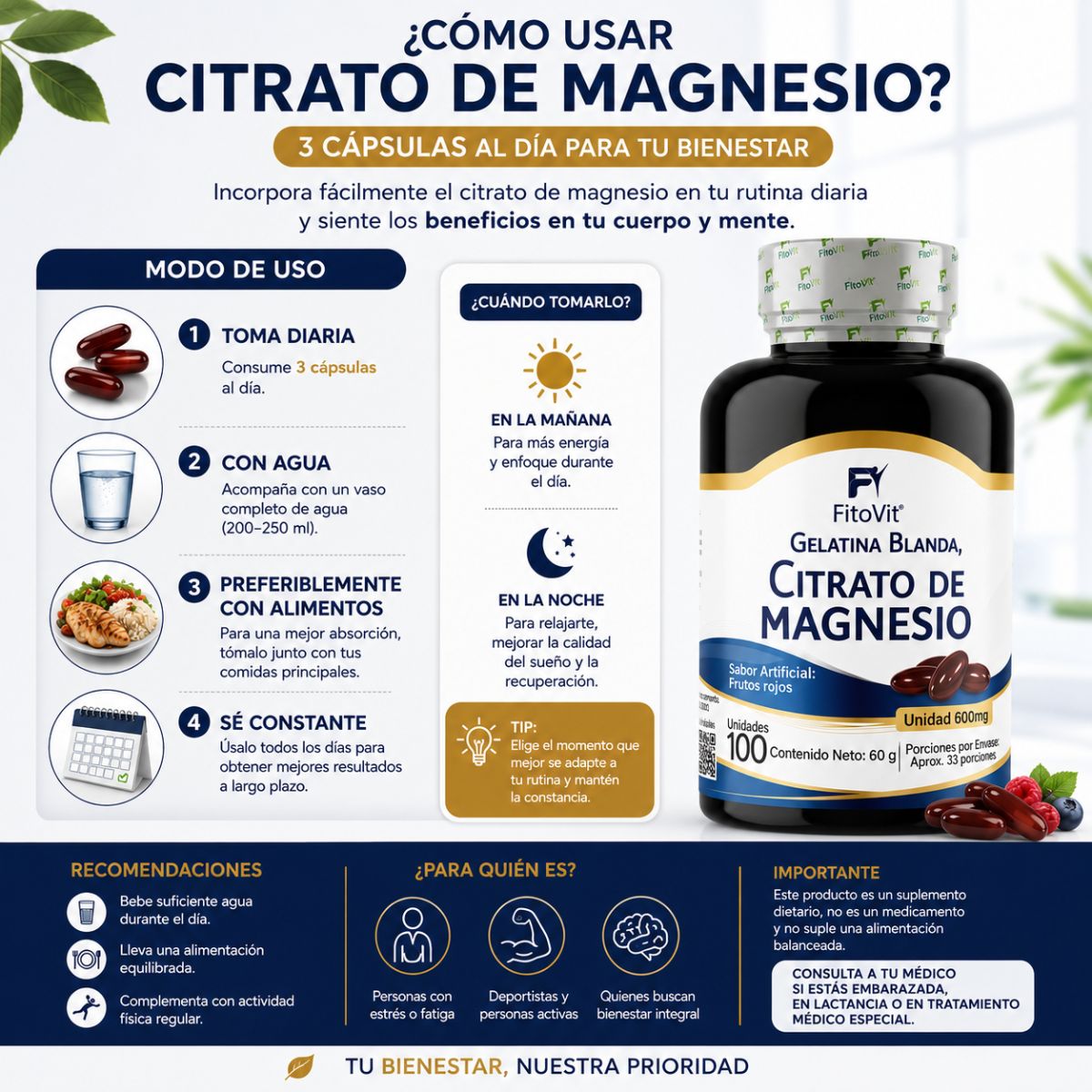 Citrato Magnesio FitoVit 100 softgels 33 porciones sueno musculos ansiedad biodisponible