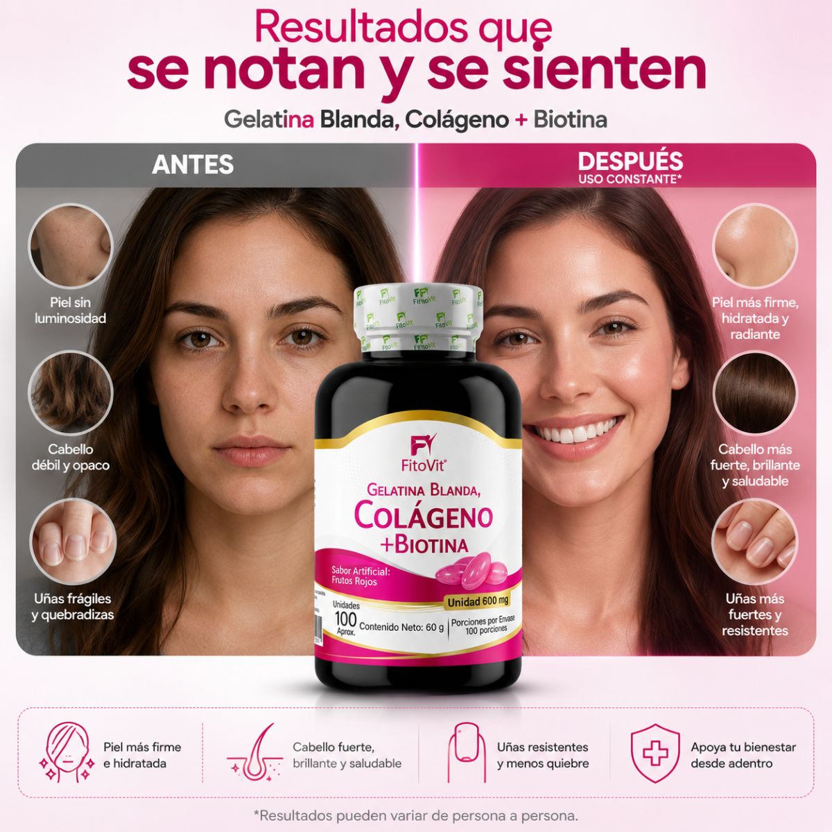 Colageno Biotina 600mg FitoVit 100 softgels piel firme cabello fuerte uñas