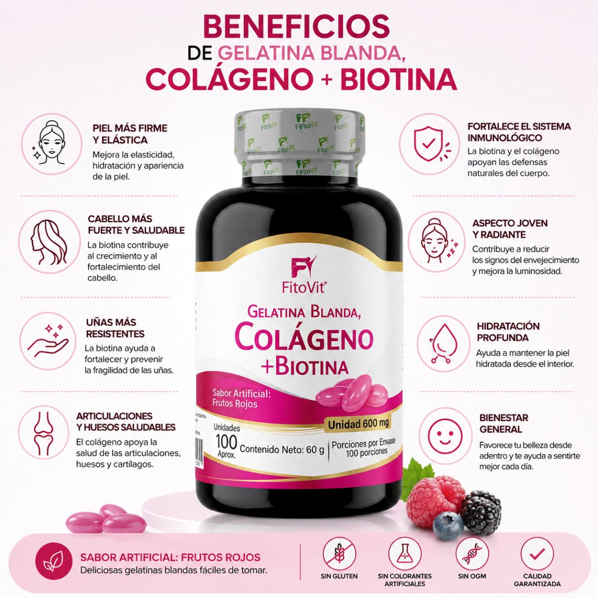 Colageno Biotina 600mg FitoVit 100 softgels piel firme cabello fuerte uñas