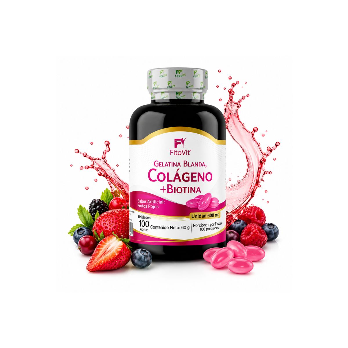 Colageno Biotina 600mg FitoVit 100 softgels piel firme cabello fuerte uñas