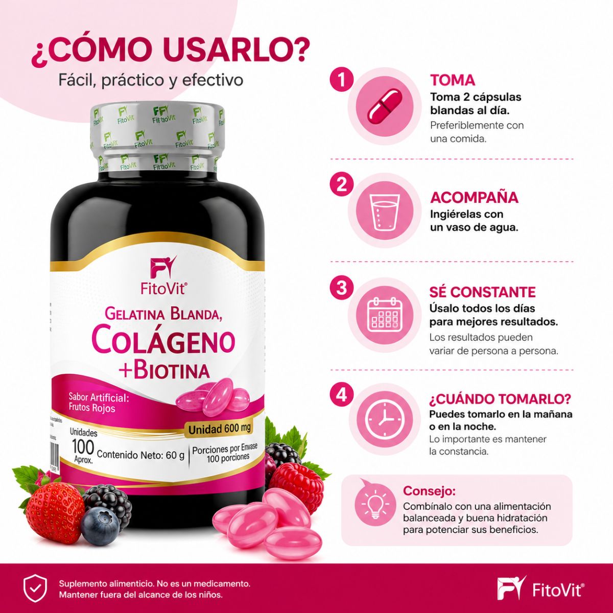 Colageno Biotina 600mg FitoVit 100 softgels piel firme cabello fuerte uñas