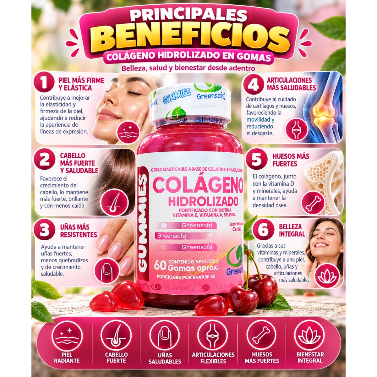 Gomitas de Colágeno Hidrolizado x60 Sin Azúcar con Biotina - Envío Gratis