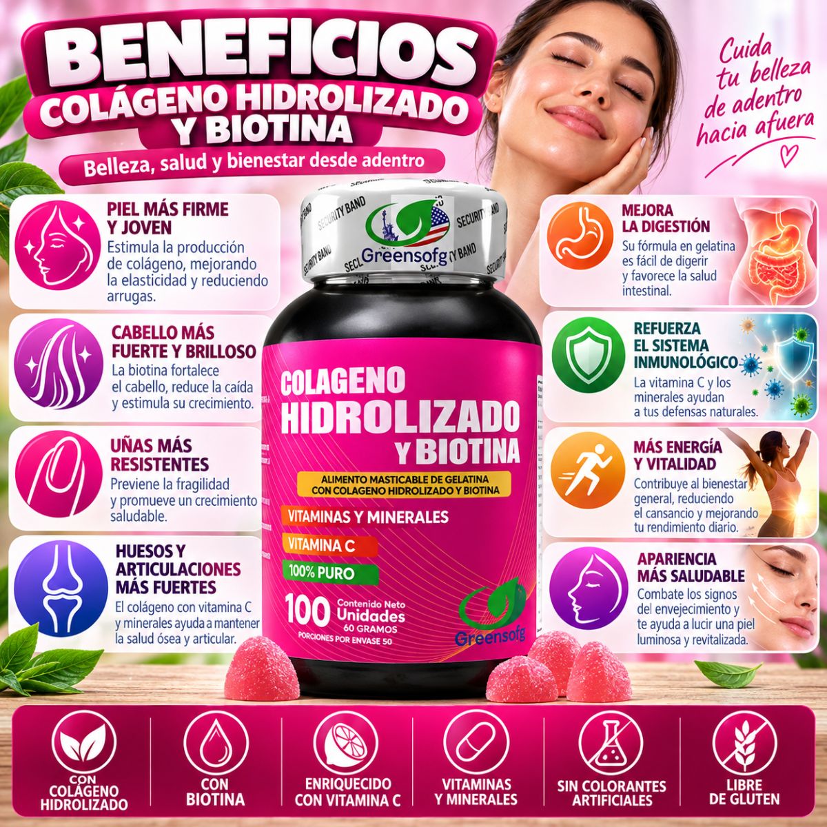 Colágeno Hidrolizado y Biotina Greensofg x100 Masticables - Envío Gratis