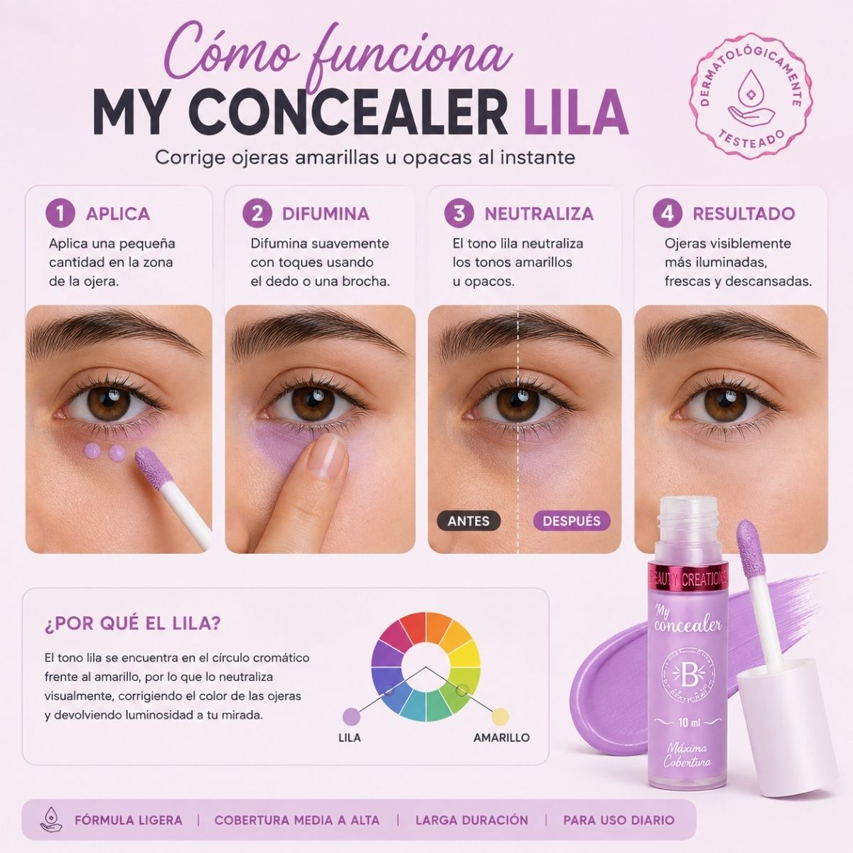 Corrector de ojeras en tono morado Bloomshell para neutralizar ojeras oscuras.