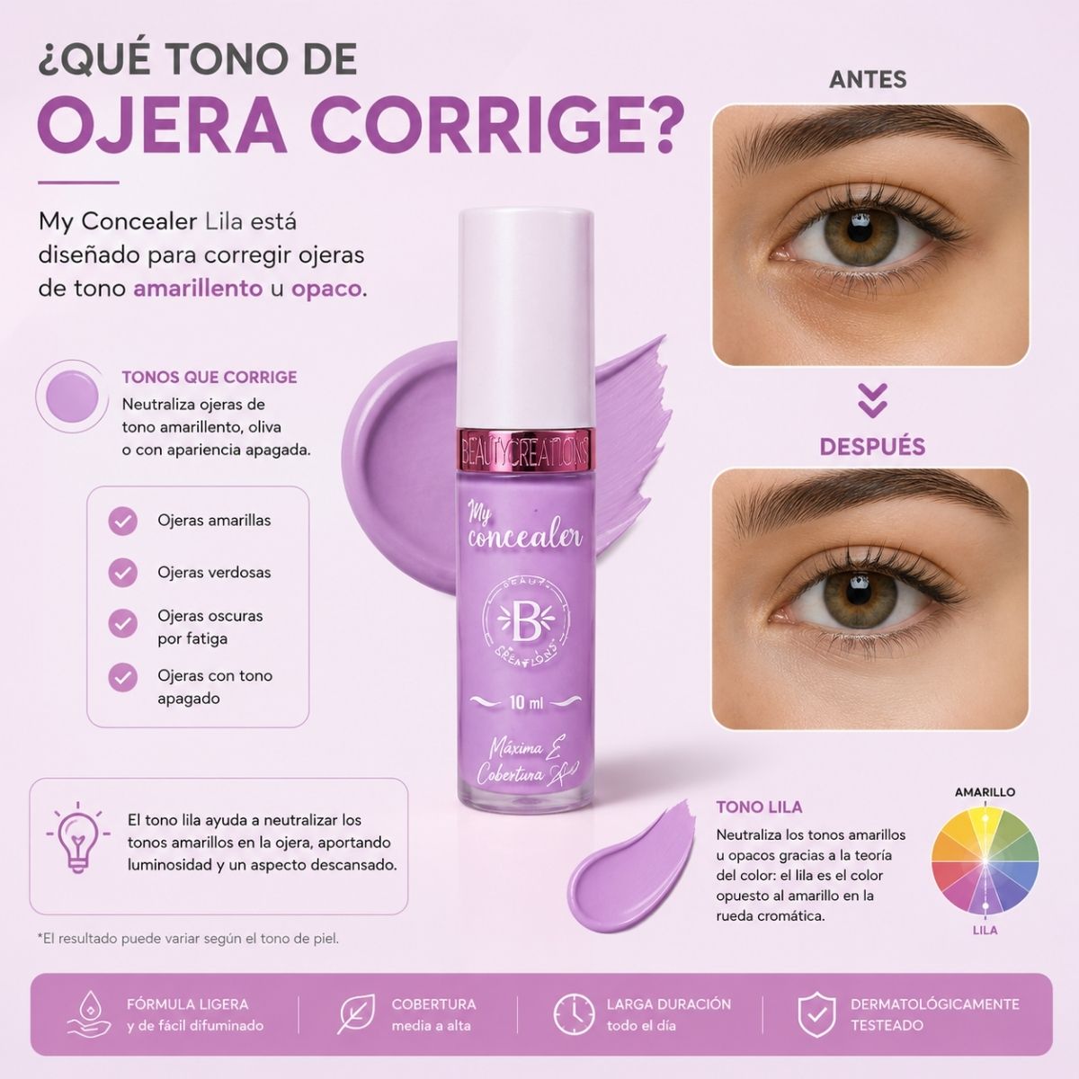 Corrector de ojeras en tono morado Bloomshell para neutralizar ojeras oscuras.