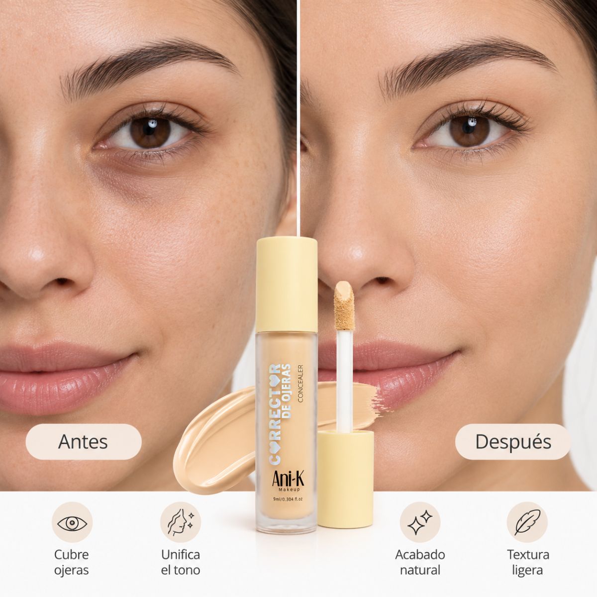 Corrector ojeras Anik Makeup 9ml alta cobertura larga duracion tonos