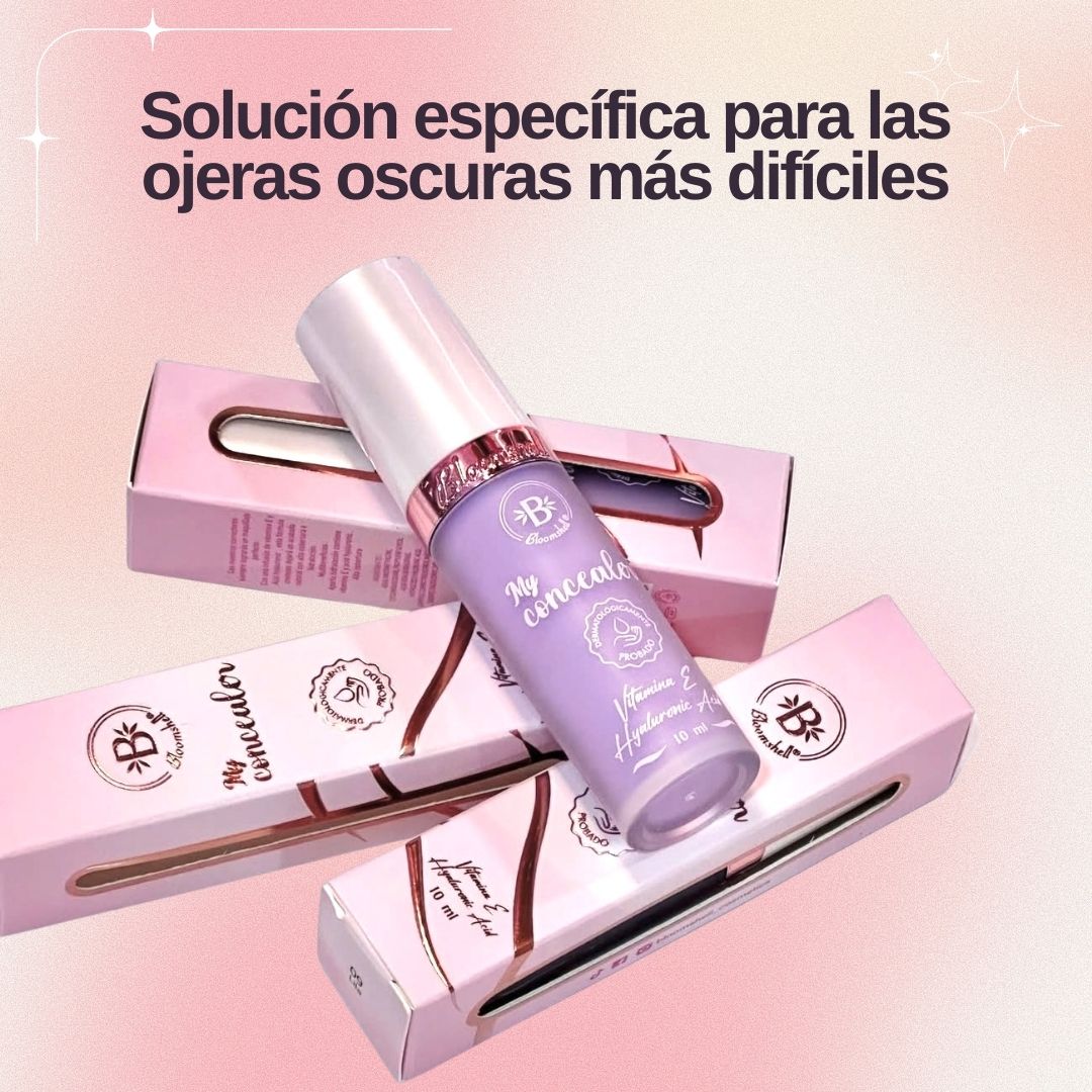 Corrector de ojeras en tono morado Bloomshell para neutralizar ojeras oscuras.