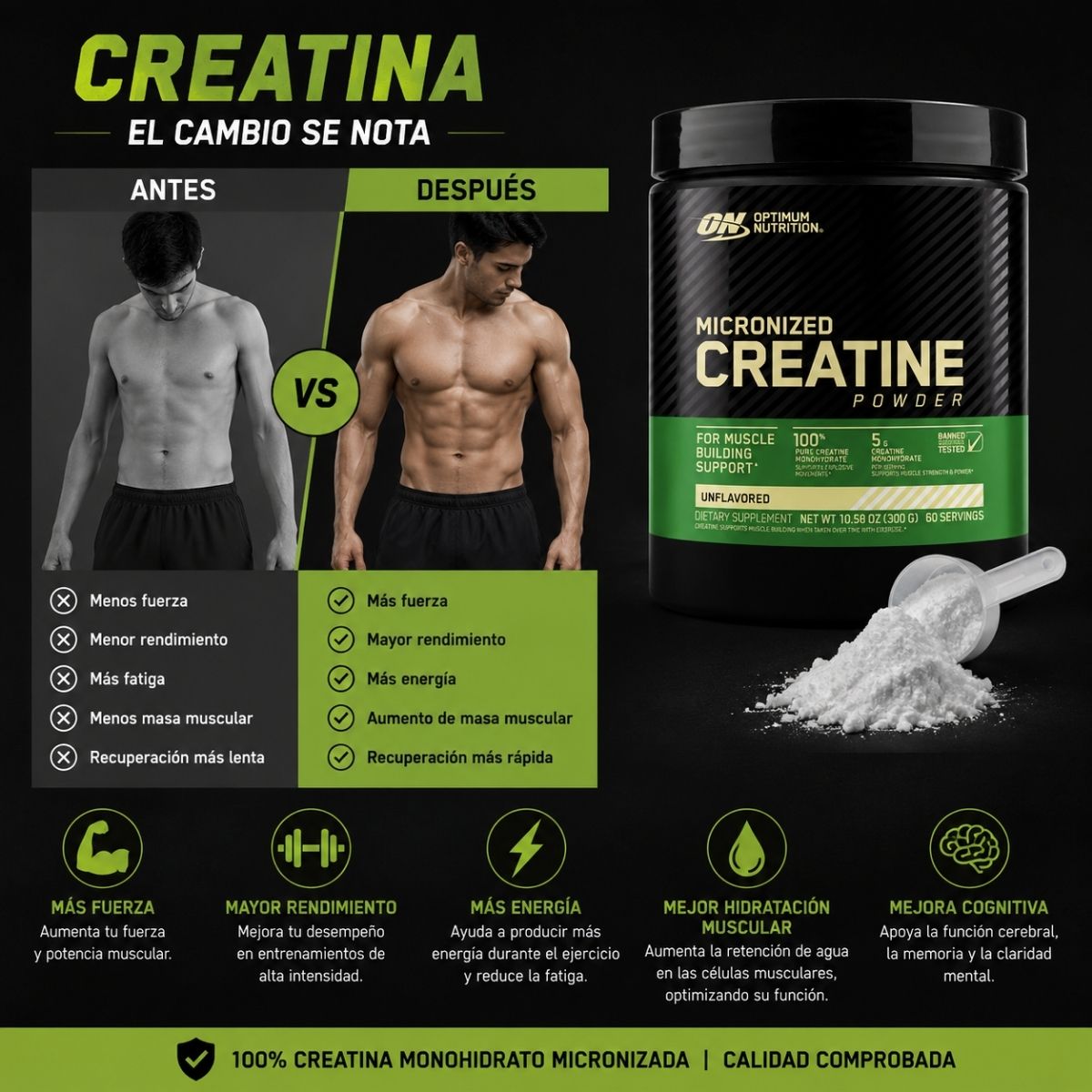 Creatina Power Optimum Nutrition 300g monohidratada micronizada 5g por porcion fuerza musculo gym
