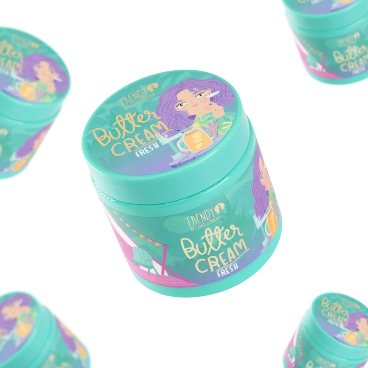 Crema mantequilla corporal Fresh de Trendy, hidratante con aroma fresco y brillos dorados para piel luminosa y suave.