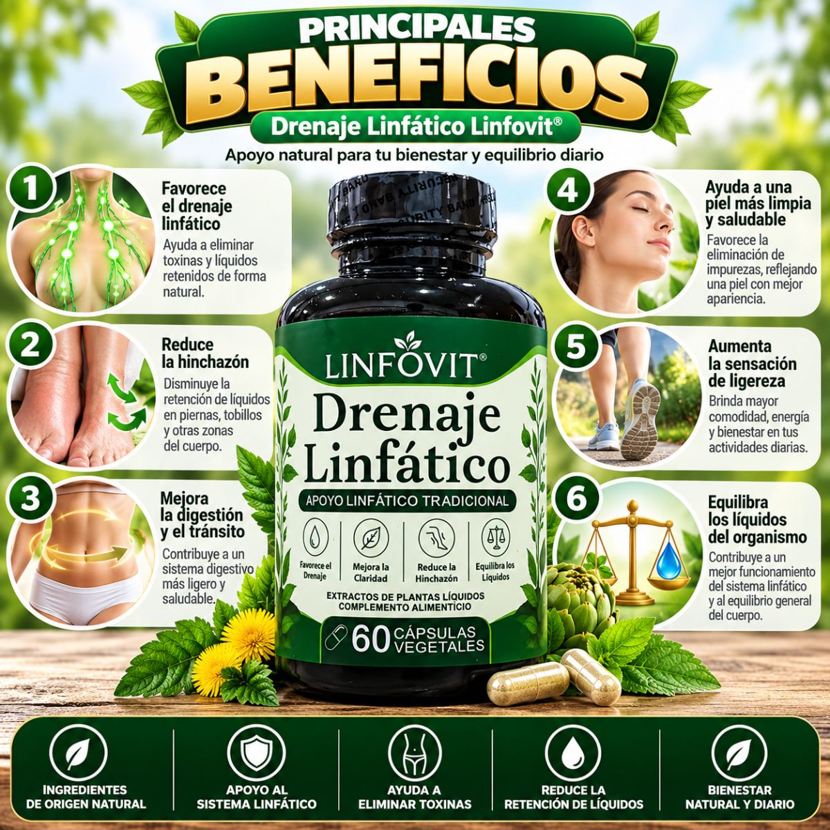 Linfovit Drenaje Linfático x60 Cápsulas Vegetales con Extractos de Plantas - Envío Gratis
