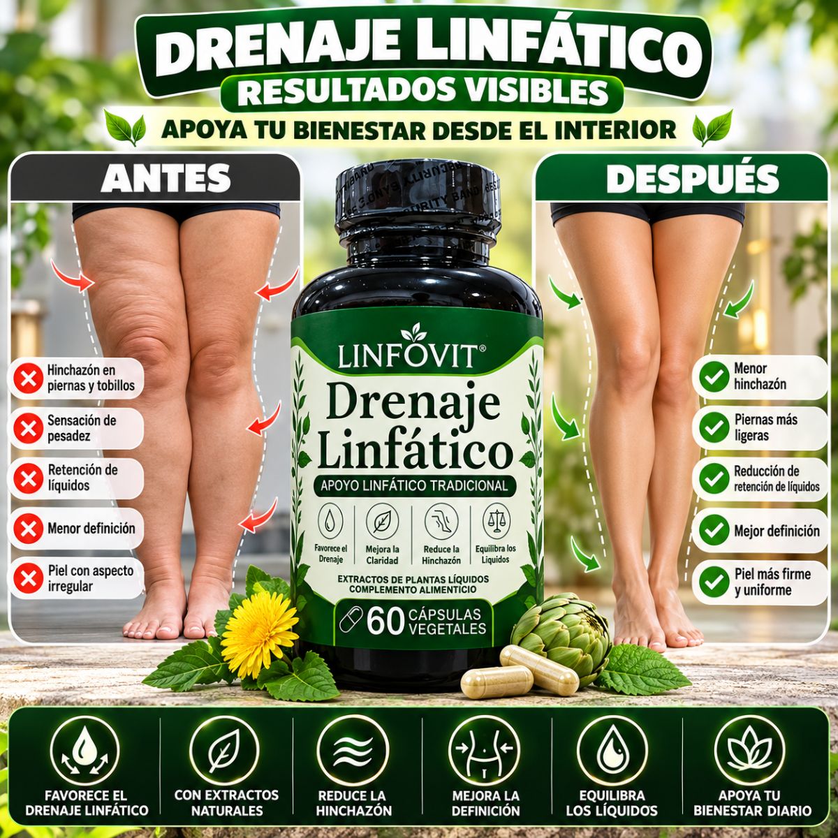 Drenaje Linfático x60 Cápsulas Vegetales con Extractos de Plantas - Envío Gratis