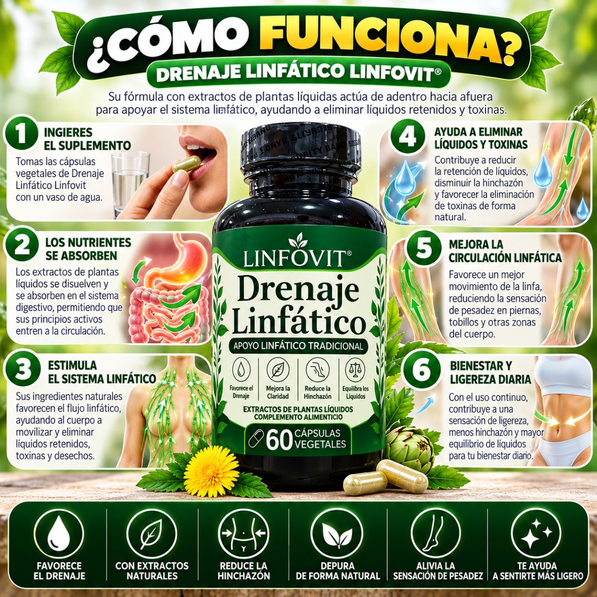 Drenaje Linfático x60 Cápsulas Vegetales con Extractos de Plantas - Envío Gratis