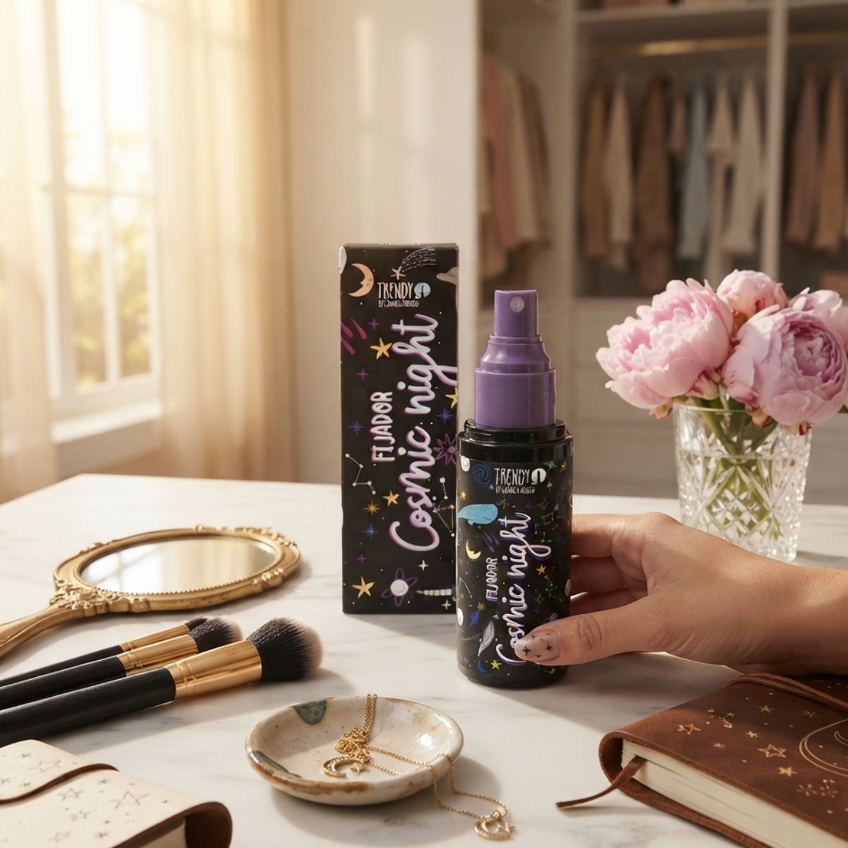 Fijador Cosmic Night Trendy maquillaje spray fijador larga duracion luminoso glass resist humedad