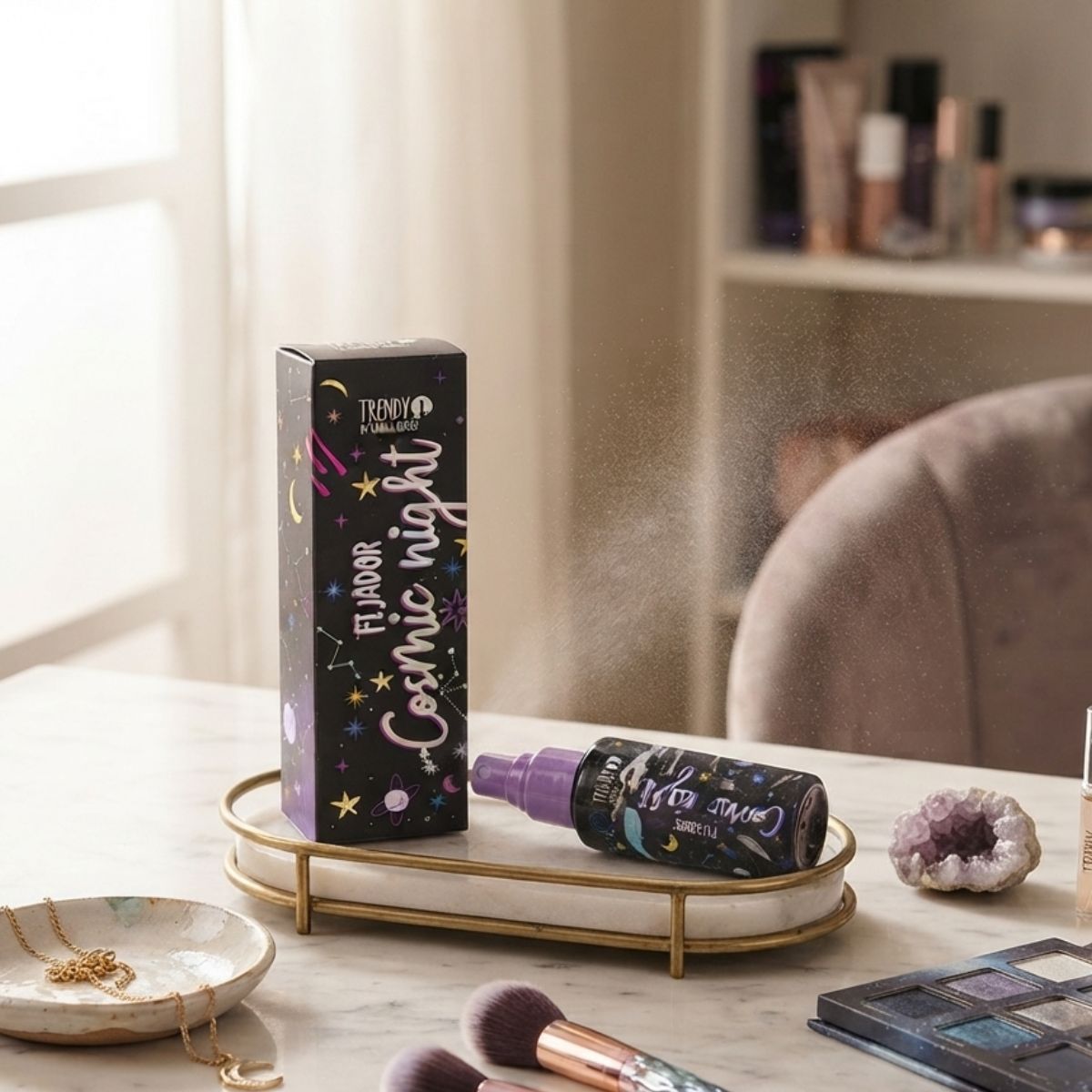 Fijador Cosmic Night Trendy maquillaje spray fijador larga duracion luminoso glass resist humedad