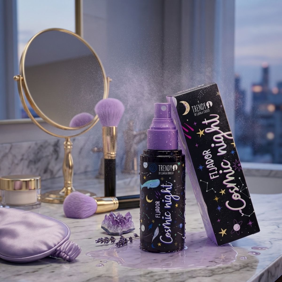Fijador Cosmic Night Trendy maquillaje spray fijador larga duracion luminoso glass resist humedad