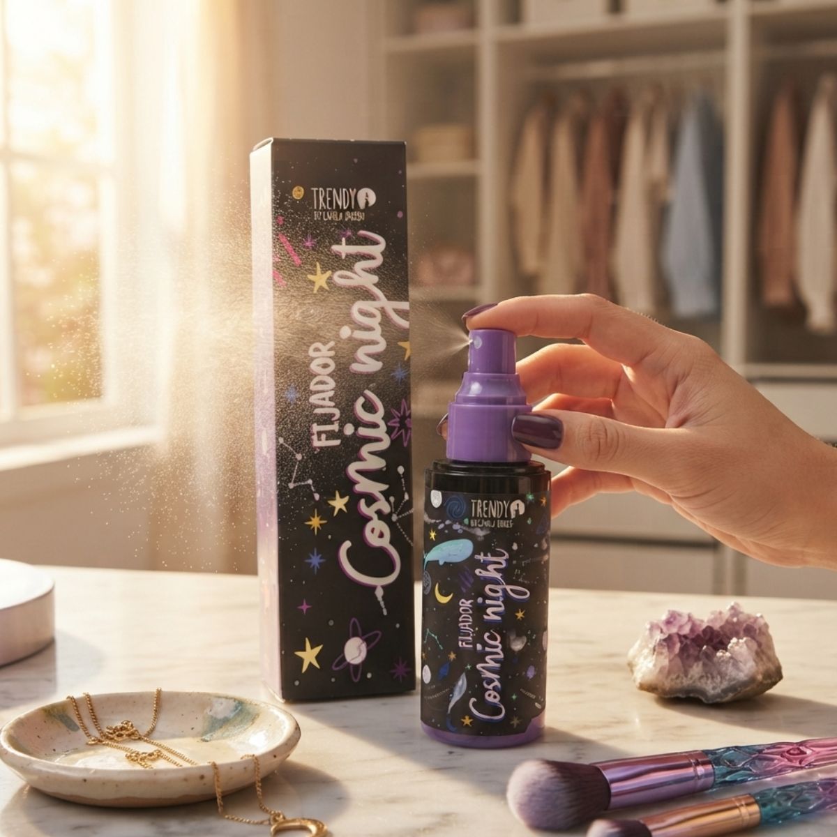 Fijador Cosmic Night Trendy maquillaje spray fijador larga duracion luminoso glass resist humedad
