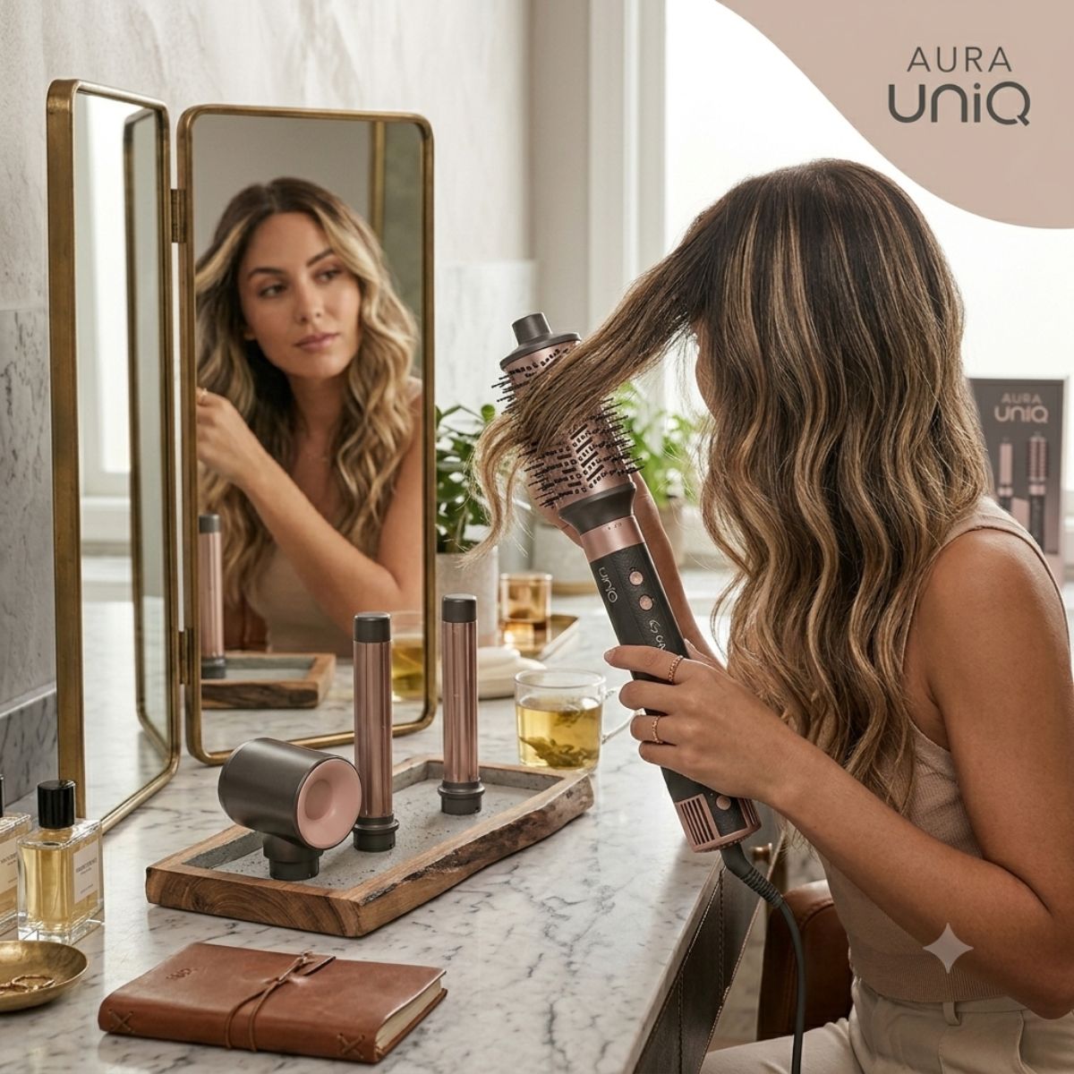 Mujer usando UniQ Aura Multistyler Gama Italy secador ondas para cabello resultado salon
