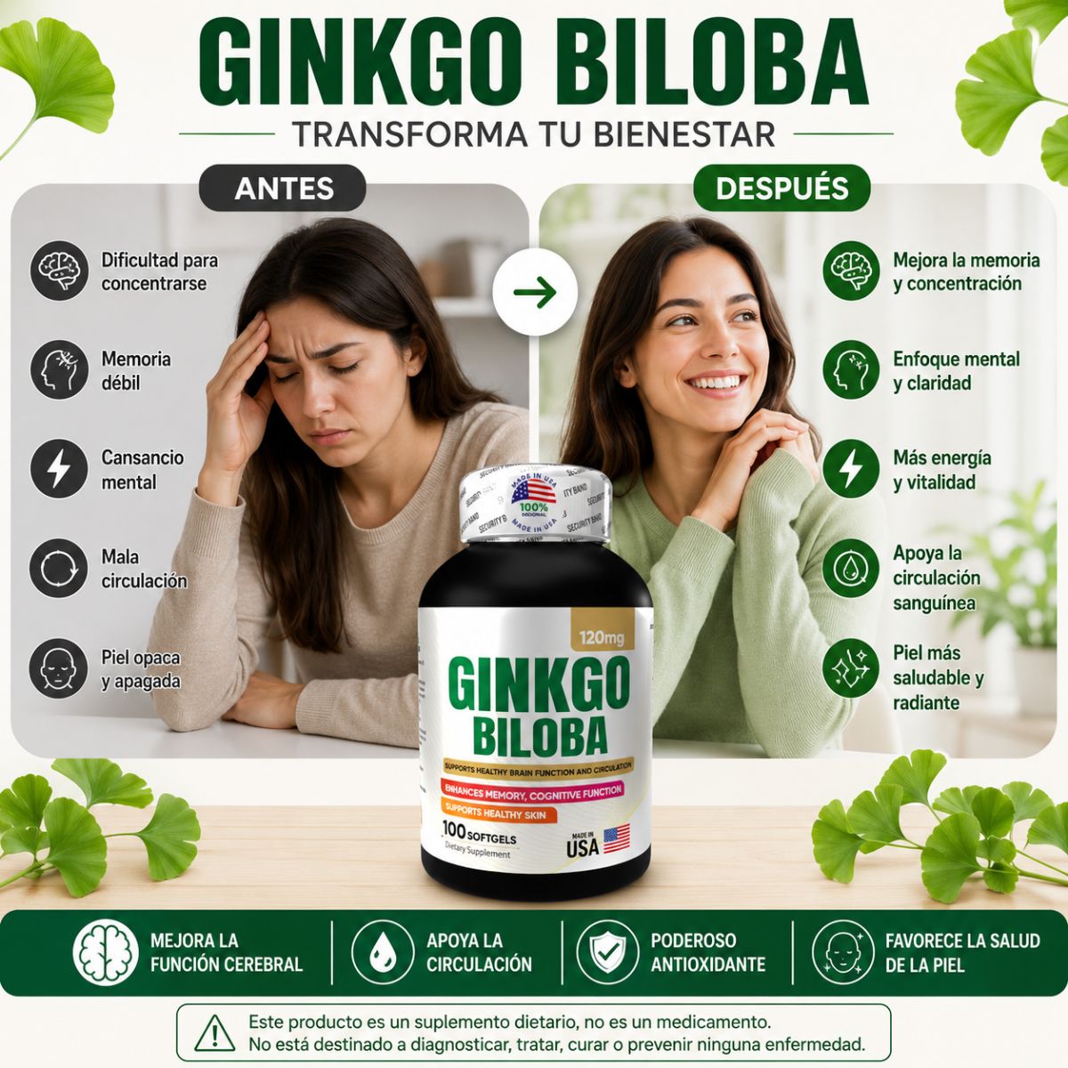 Combo Ashwagandha + Ginkgo Biloba 100 Softgels c/u: Cortisol Memoria Circulación Cerebral