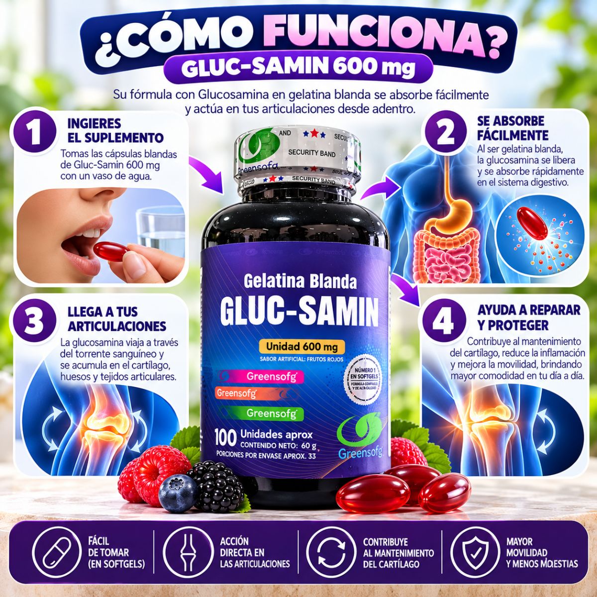 Gluc-Samin Greensofg x100 Gelatinas Blandas con Colágeno y Cúrcuma - Envío Gratis