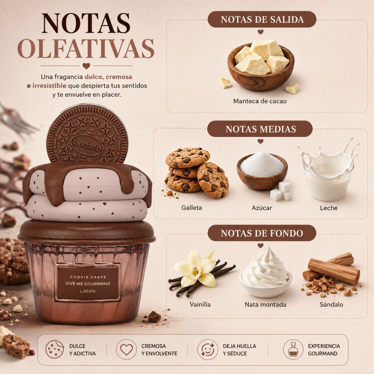 Perfume Lattafa Cookie Crave EDP gourmand galleta manteca cacao vainilla nata sandalo