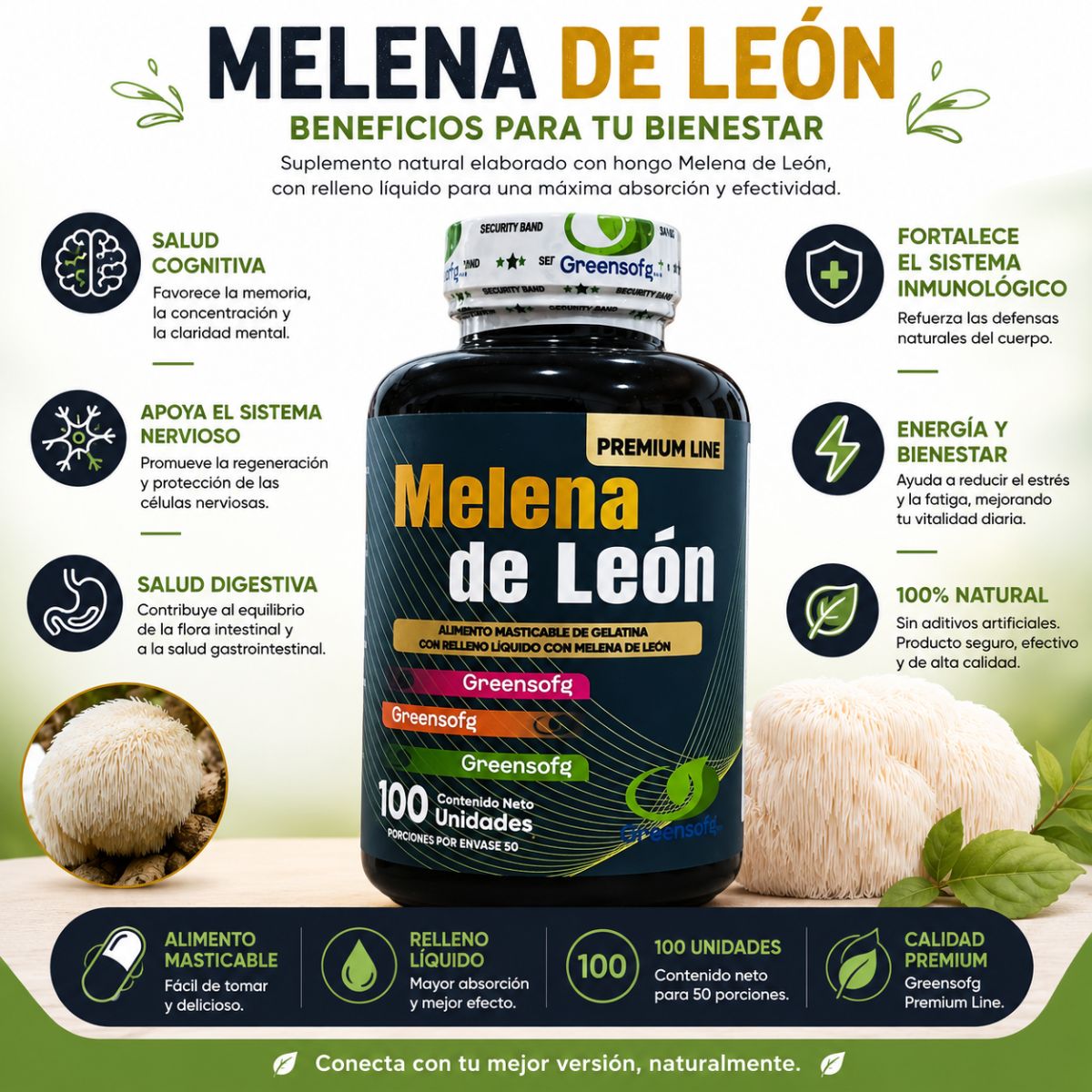 Melena de Leon Greensofg 100mg gomita masticable gelatina Hericium erinaceus nootropico cognitivo