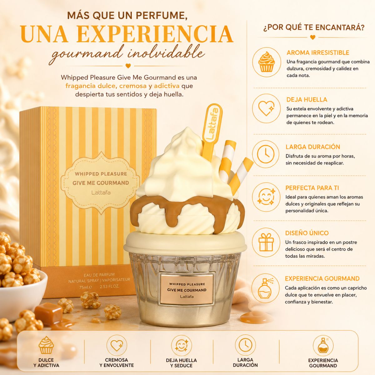 Perfume Lattafa Whipped Pleasure EDP gourmand floral palomitas caramelo jazmin tonka