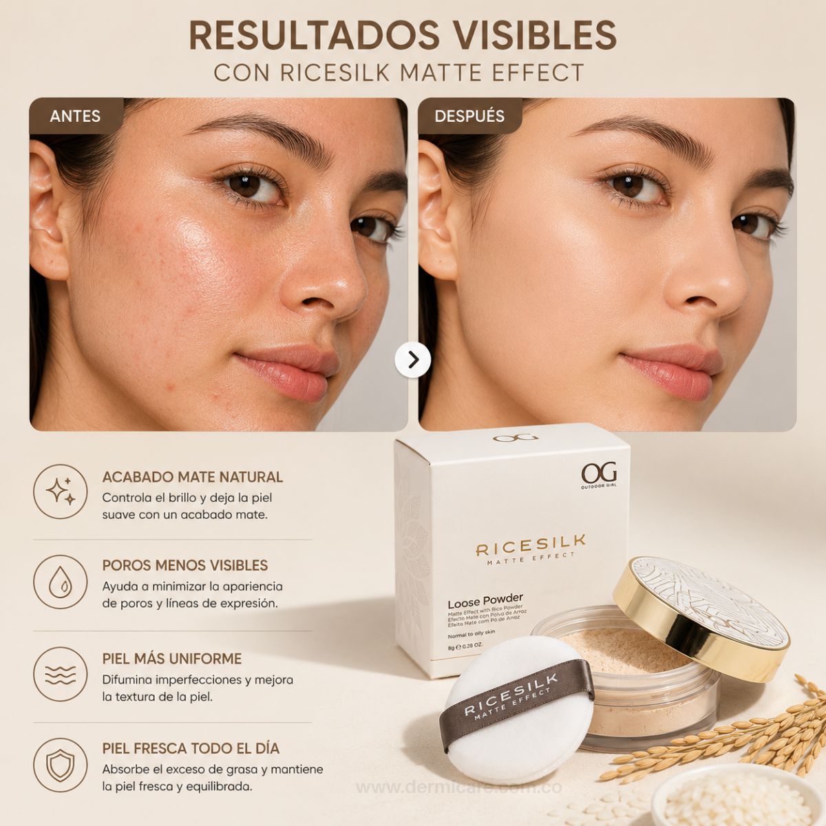 Polvo Suelto Rice Silk OG Colombia setting powder arroz niacinamida poros sebo sin flashback maquillaje