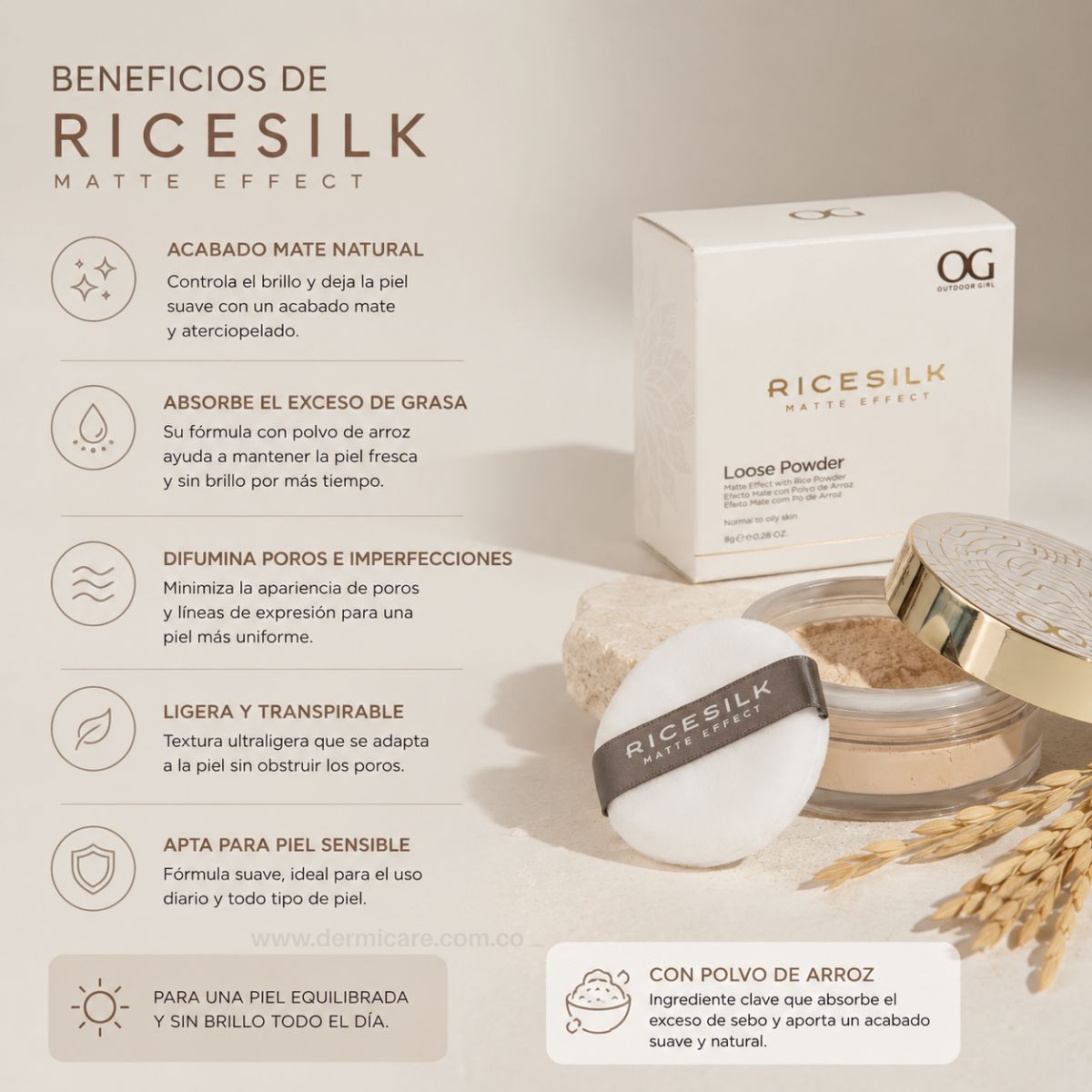 Polvo Suelto Rice Silk OG Colombia setting powder arroz niacinamida poros sebo sin flashback maquillaje