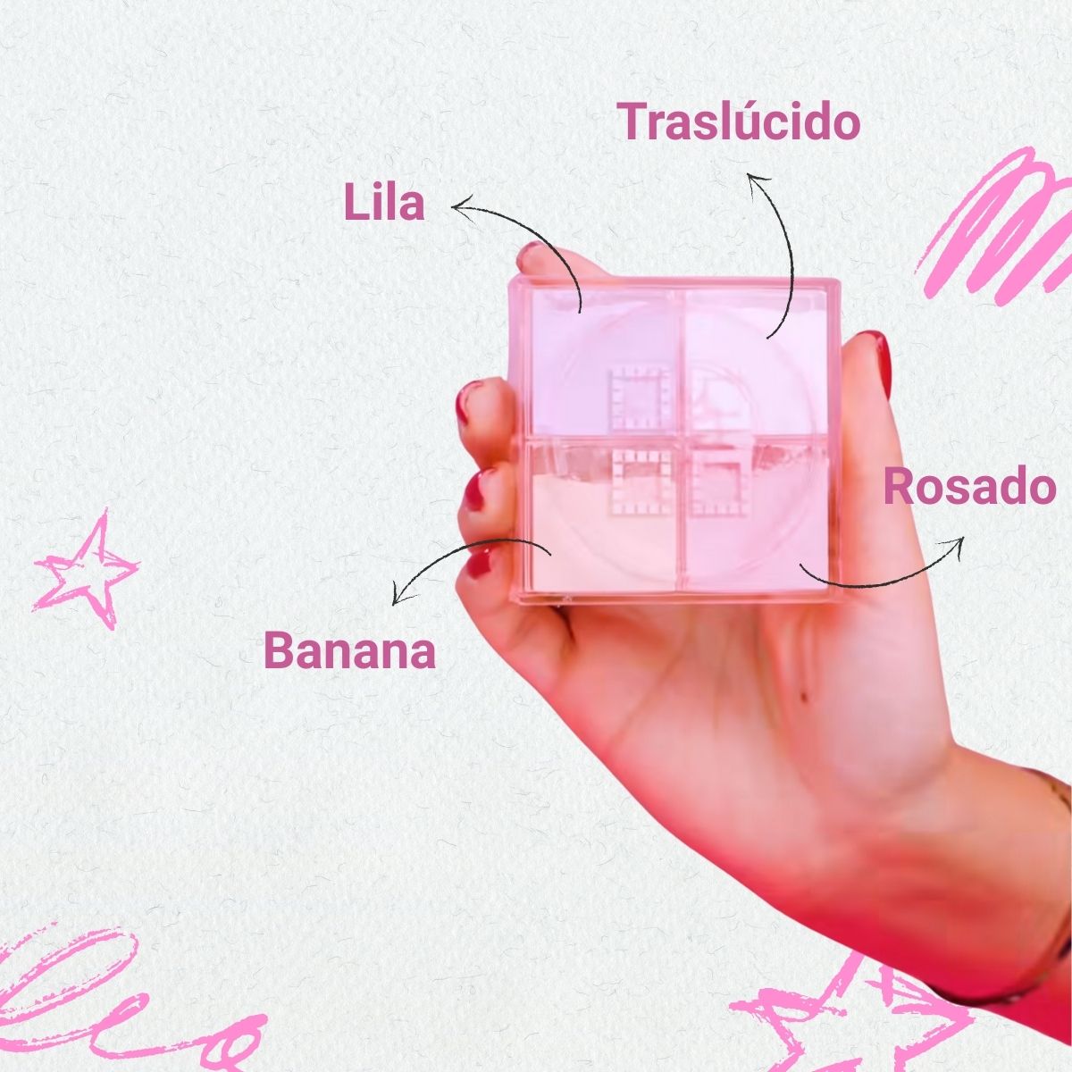 Polvo suelto 4 en 1 Bloomshell con tonos traslúcido, banana, lila y rosa.