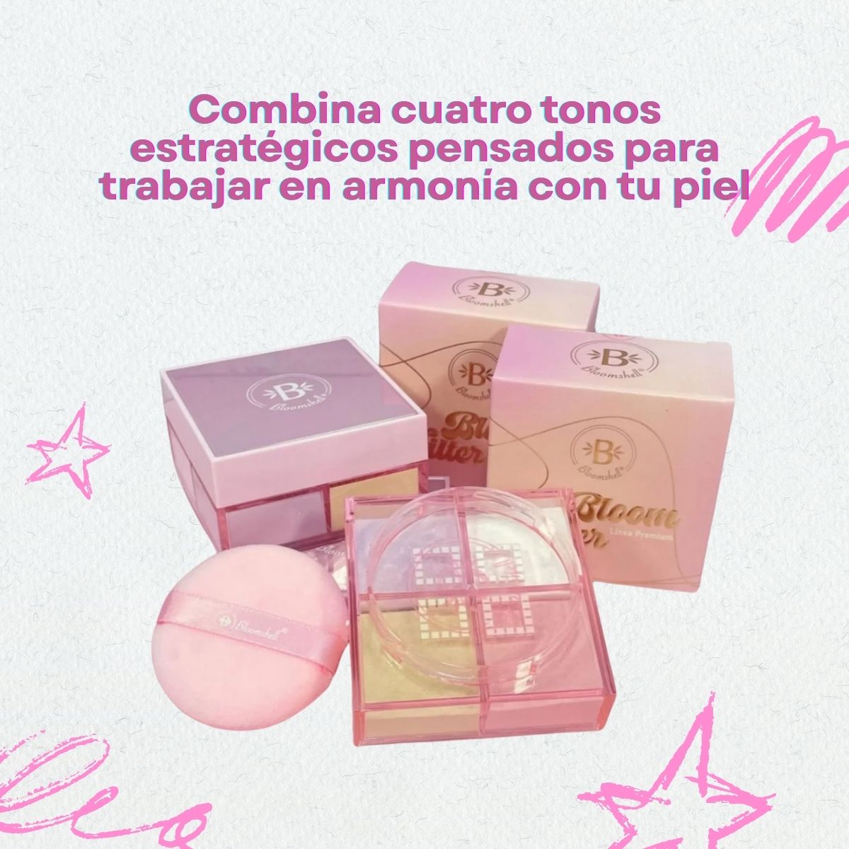 Polvo suelto 4 en 1 Bloomshell con tonos traslúcido, banana, lila y rosa.