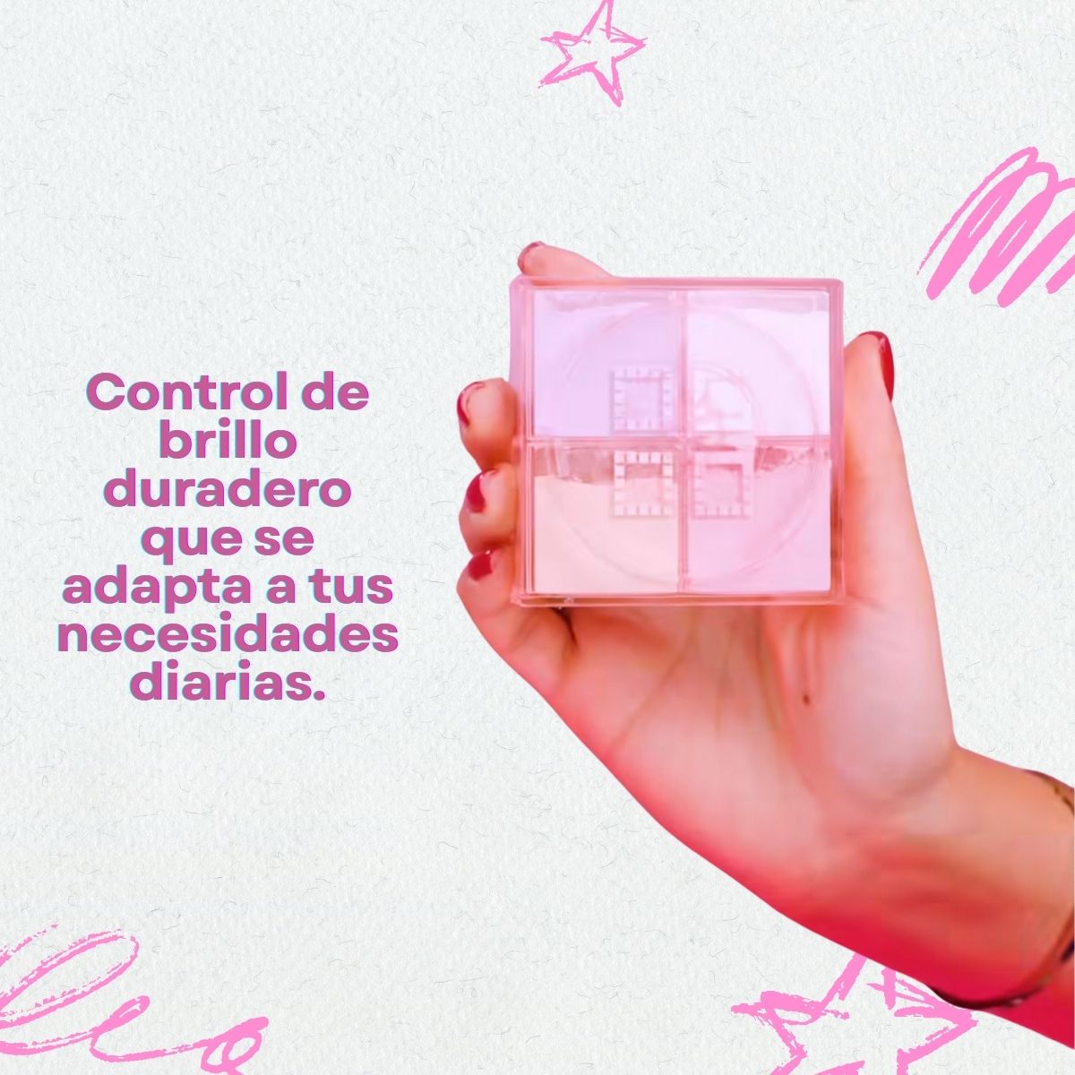 Polvo suelto 4 en 1 Bloomshell con tonos traslúcido, banana, lila y rosa.