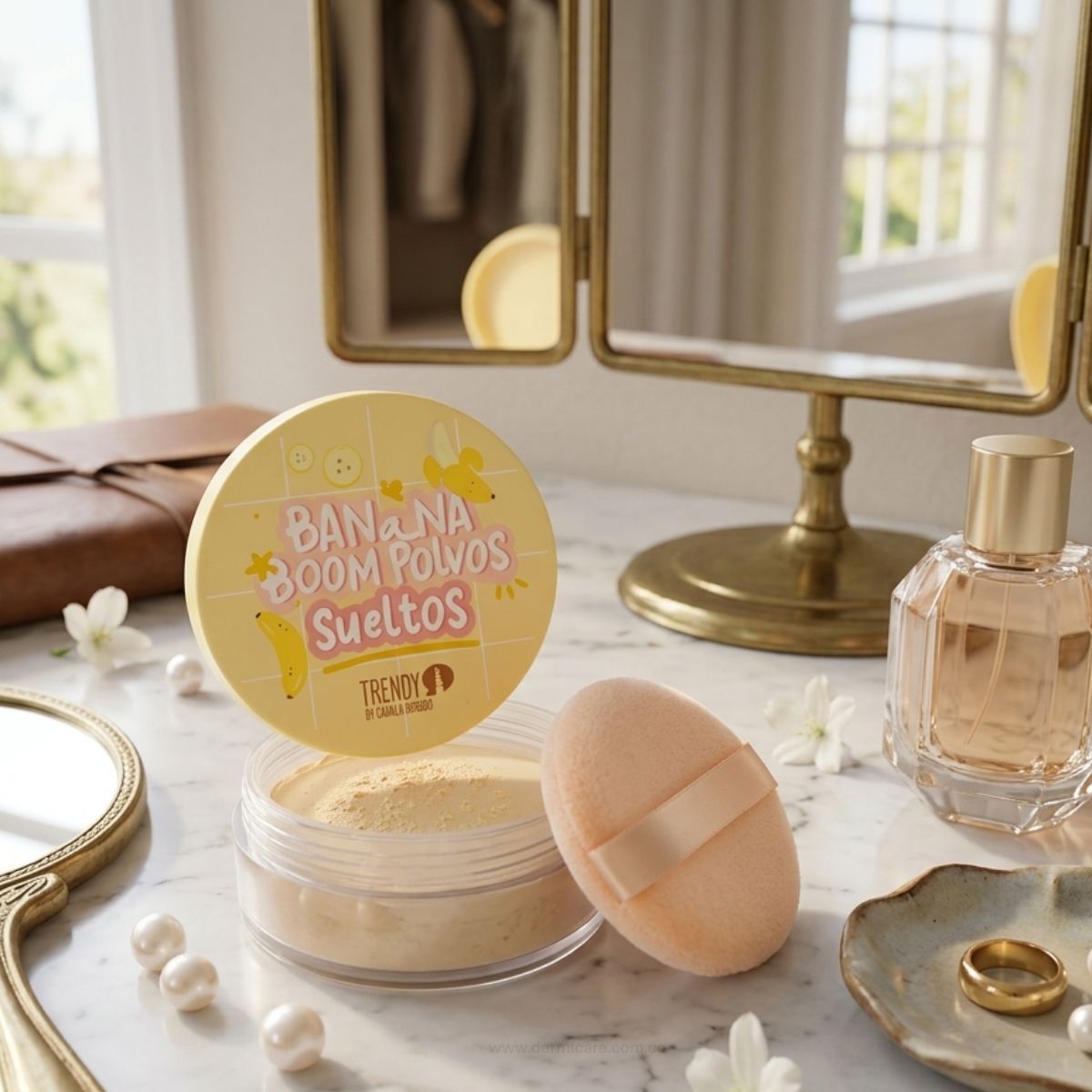 Polvos Sueltos Banana Trendy setting powder tono amarillo fijador maquillaje sin flashback Colombia