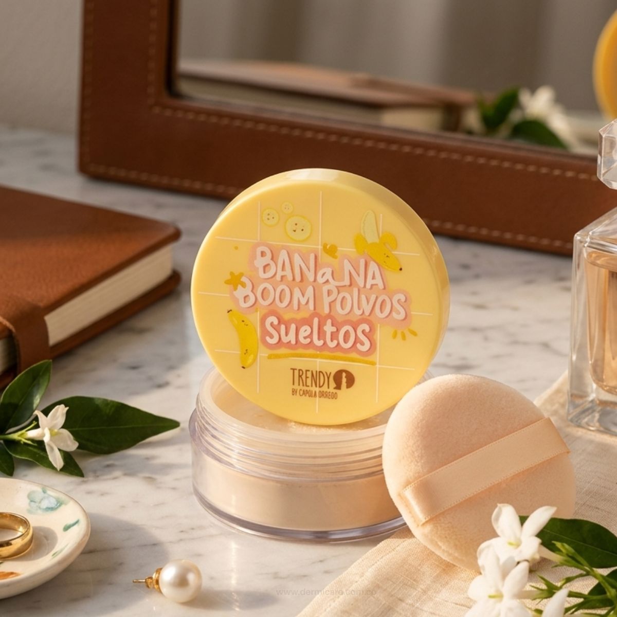 Polvos Sueltos Banana Trendy setting powder tono amarillo fijador maquillaje sin flashback Colombia