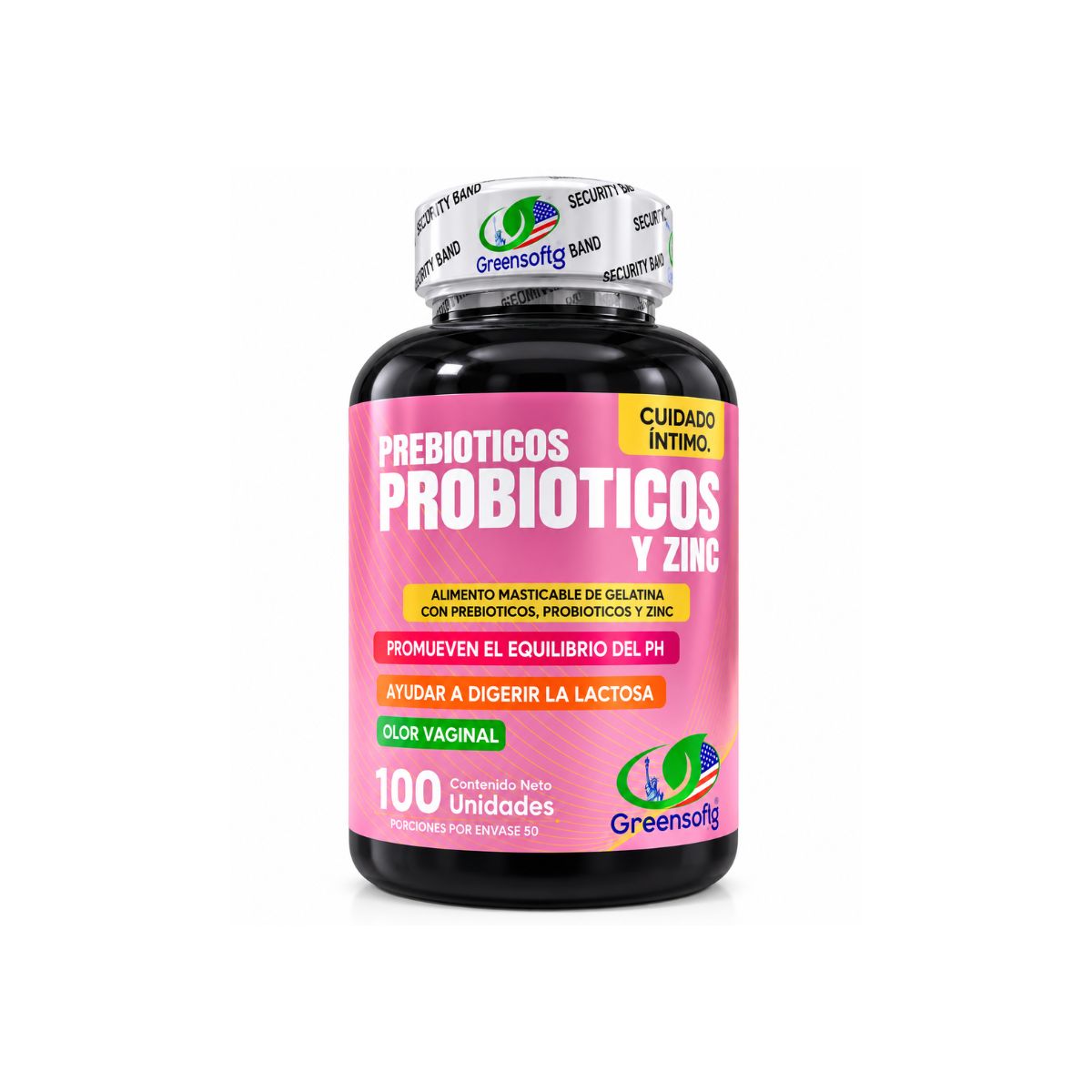 Prebióticos, Probióticos y Zinc Greensofg x100 Masticables · Cuidado Íntimo