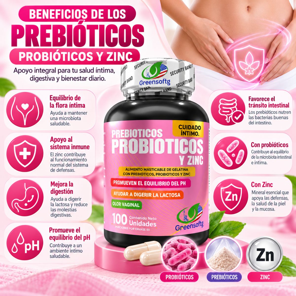 Prebióticos, Probióticos y Zinc Greensofg x100 Masticables · Cuidado Íntimo