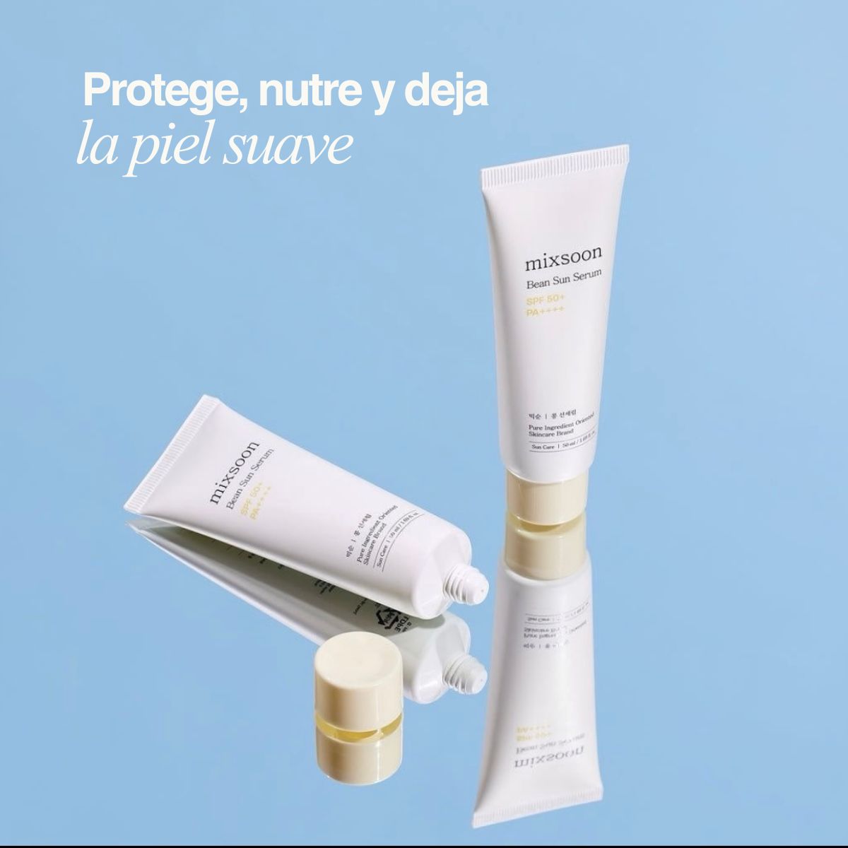 Protector solar en suero Mixsoon Bean Sun SPF50+ PA++++, textura ligera con extractos fermentados coreanos.