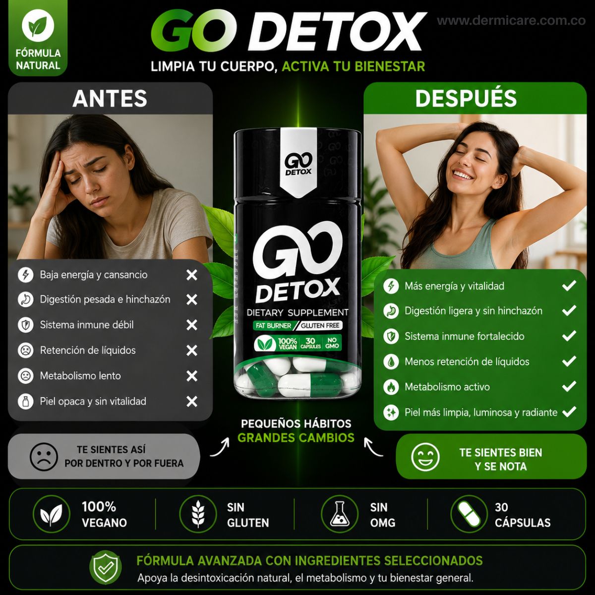 Quemador de grasa Godetox capsulas termogenico herbal detox metabolismo desinflamacion energia natural