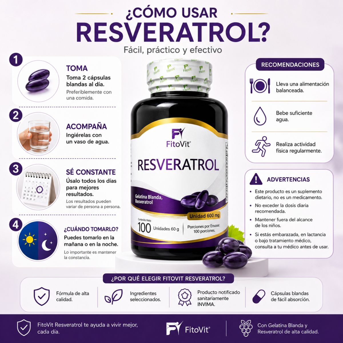 Resveratrol 600mg FitoVit 100 softgels antioxidante longevidad celular cardiovascular