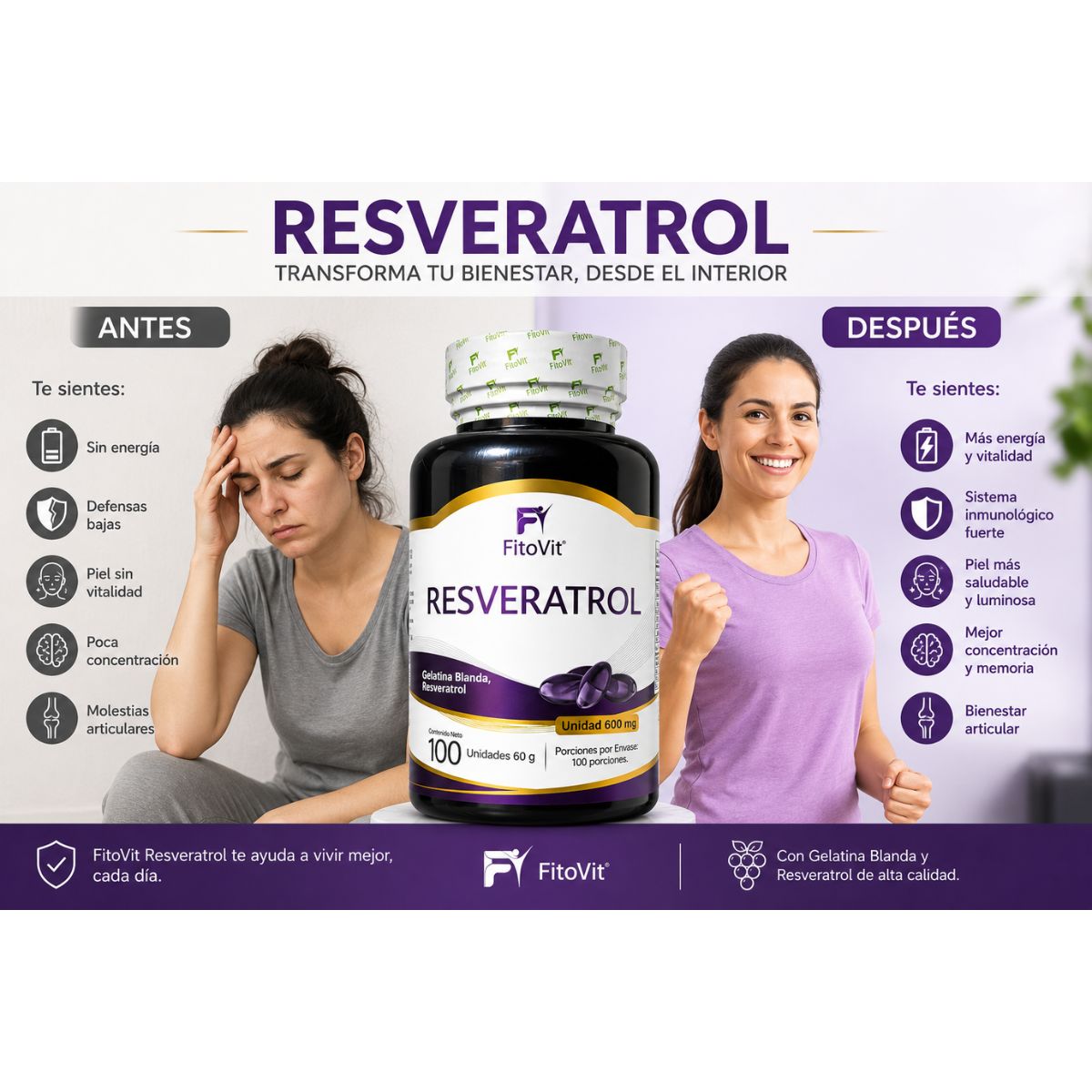 Resveratrol 600mg FitoVit 100 softgels antioxidante longevidad celular cardiovascular