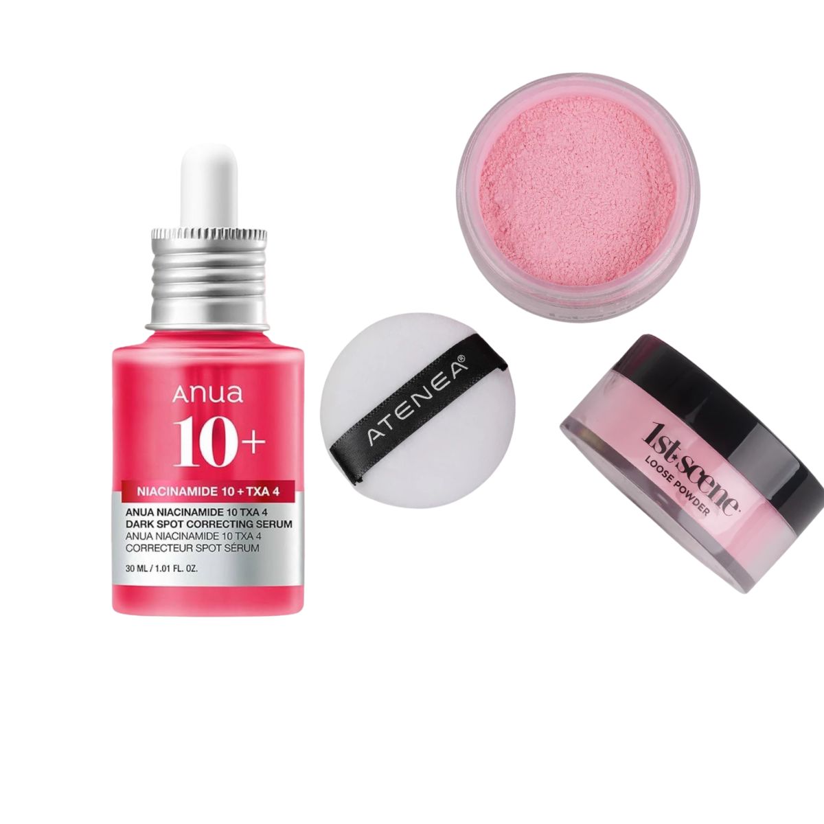 Serum de niacinamida Anua y polvo suelto rosado iluminador Atenea