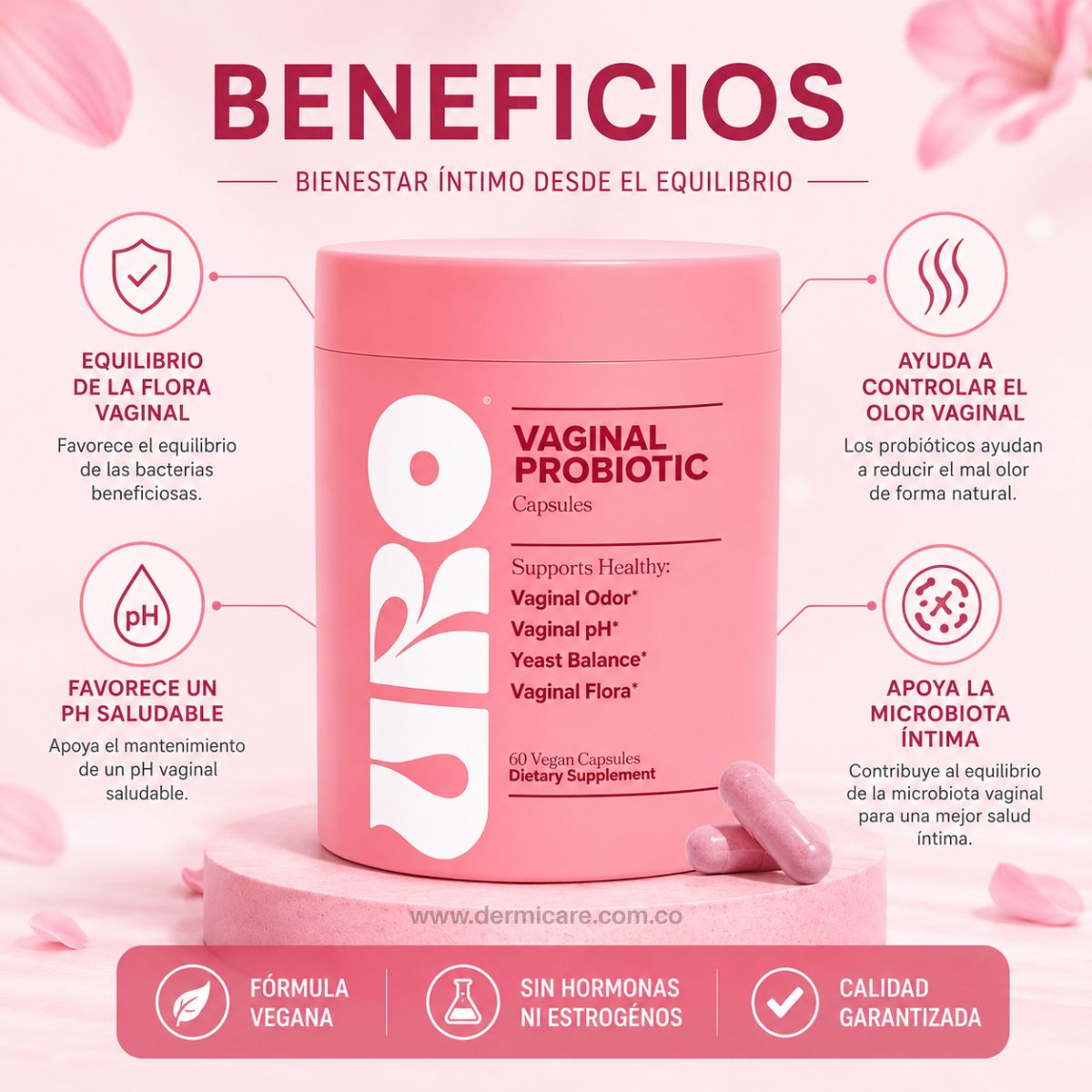 Uro Probioticos Vaginales 60 capsulas flora vaginal Lactobacillus pH equilibrio infecciones olor