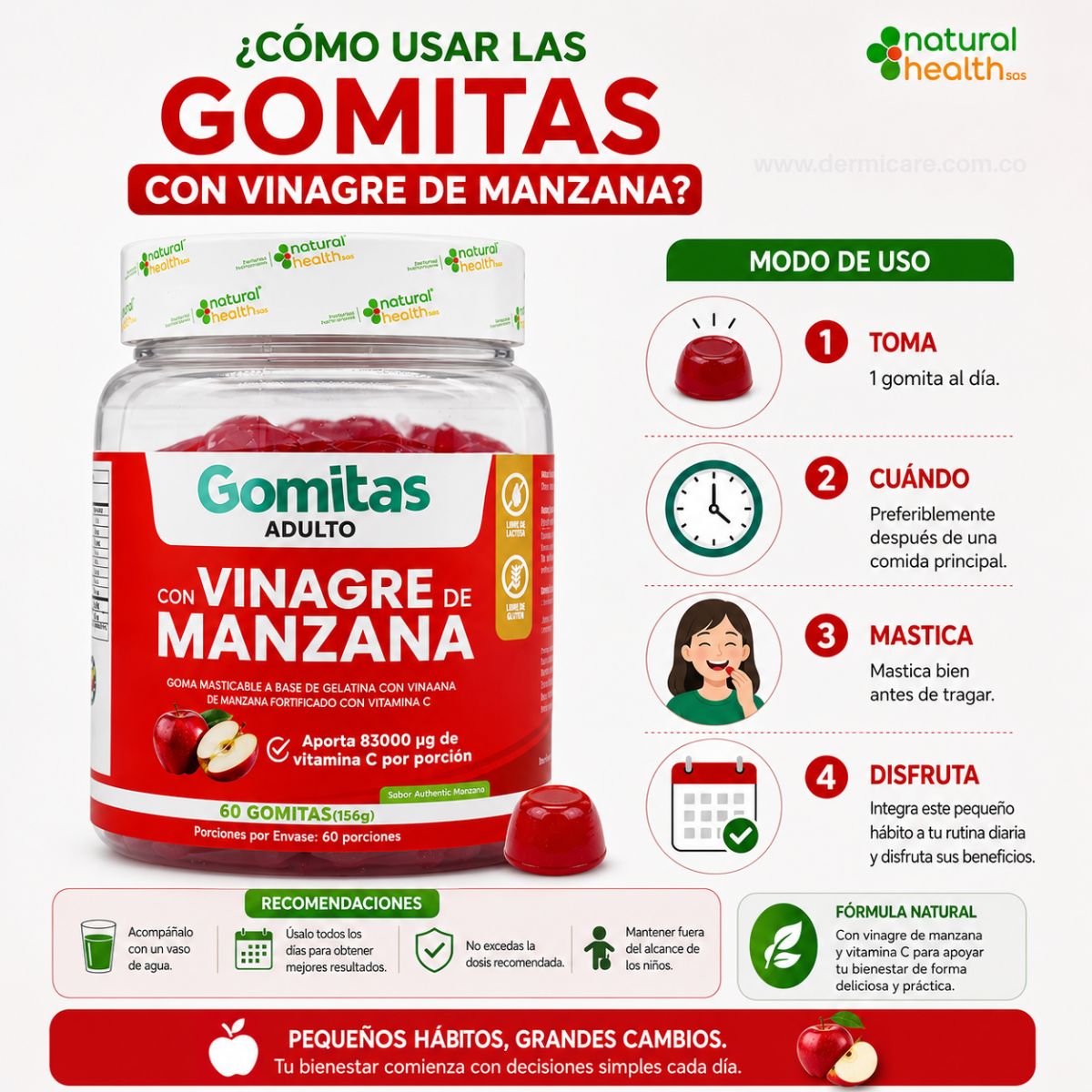 Gomitas vinagre de manzana Natural Health 60 capsulas ACV vitamina C metabolismo digestion defensas